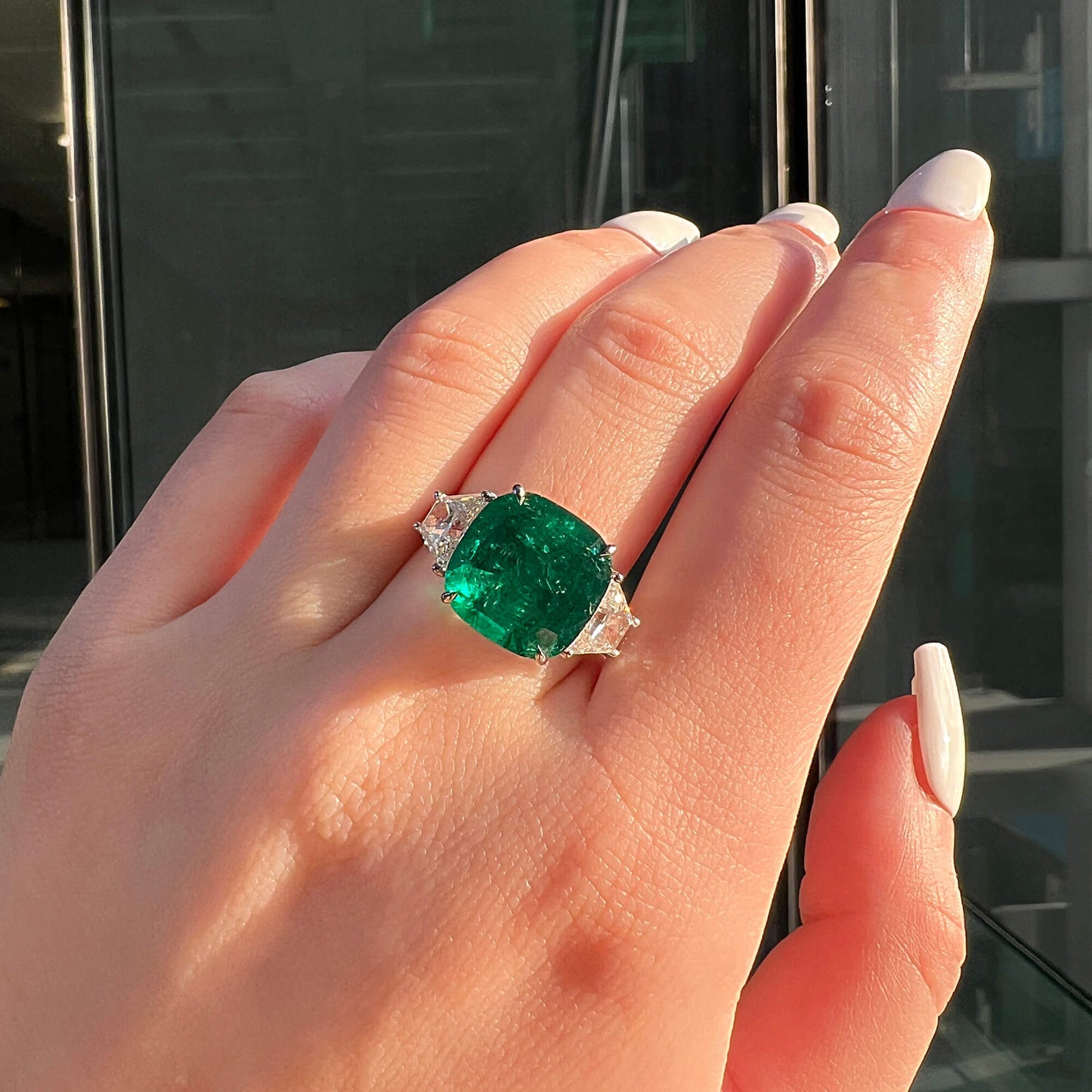 Natural Green Colombia Emerald Ring, 9.15 Ct. TW, Cushion shape, GRS Certified