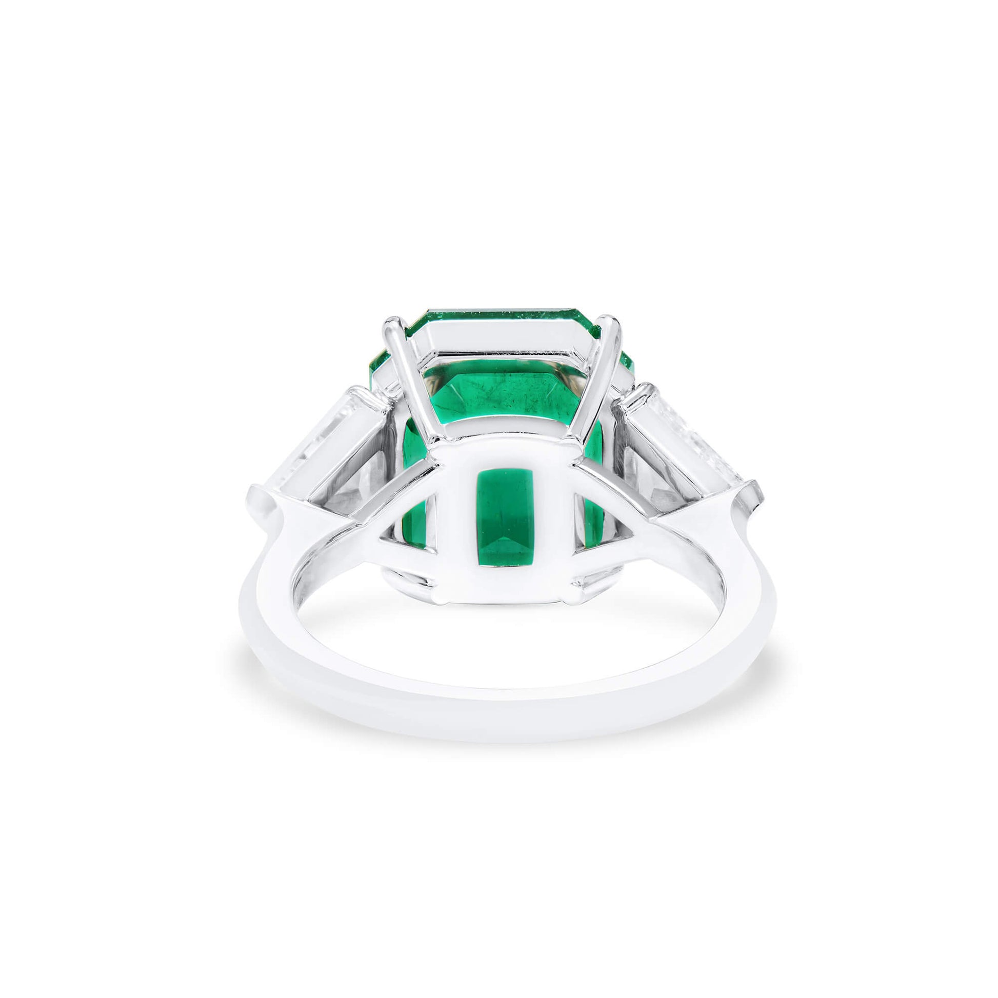 Natural Vivid Green Colombian Emerald & Diamond Three Stone Ring, 18K White Gold, Octagonal Shape, 9.03 Ct. TW