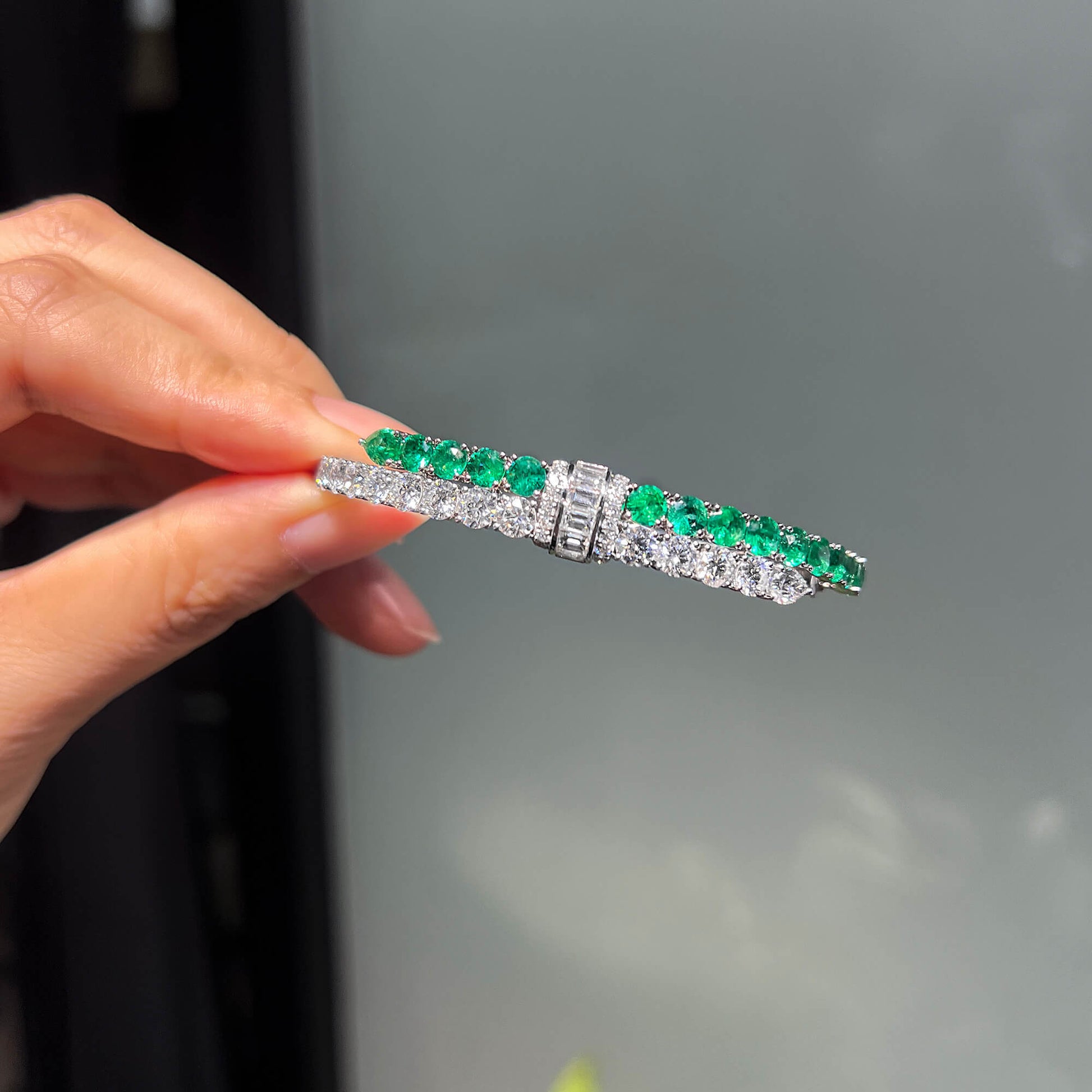 Natural Diamond and Vivid Green Colombian Emerald Bangle, 18K White Gold, 8.03 Ct. TW