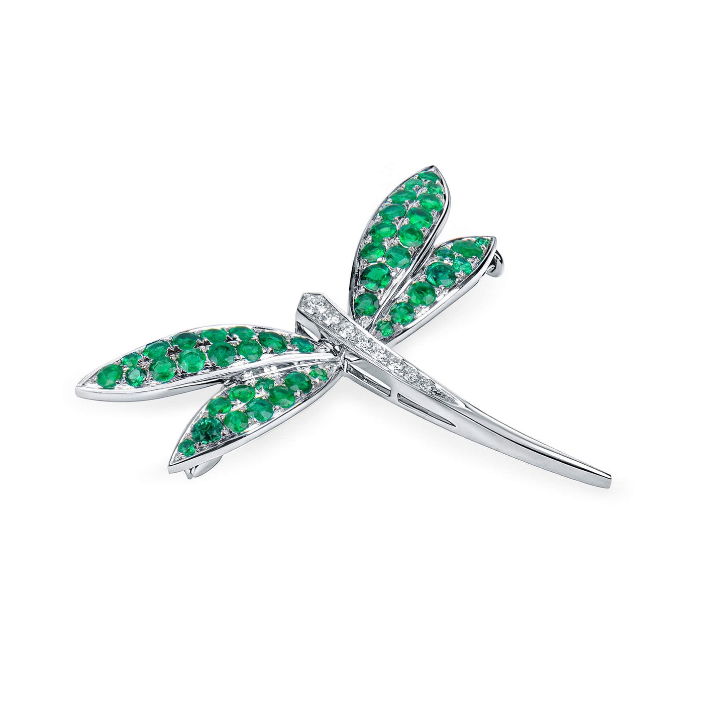 Natural Emerald & Diamond Dragonfly Brooch, 14K White Gold, 1.79 Ct. TW