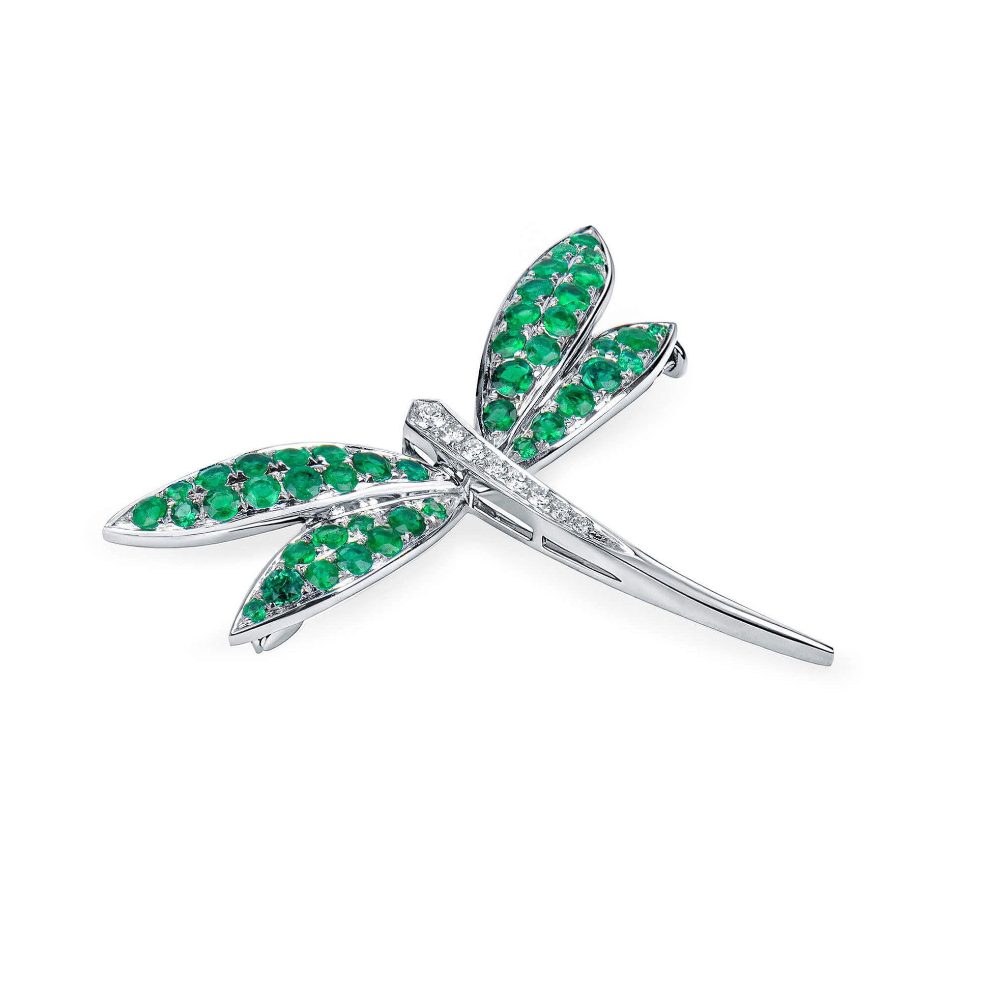 Natural Emerald & Diamond Dragonfly Brooch, 14K White Gold, 1.79 Ct. TW