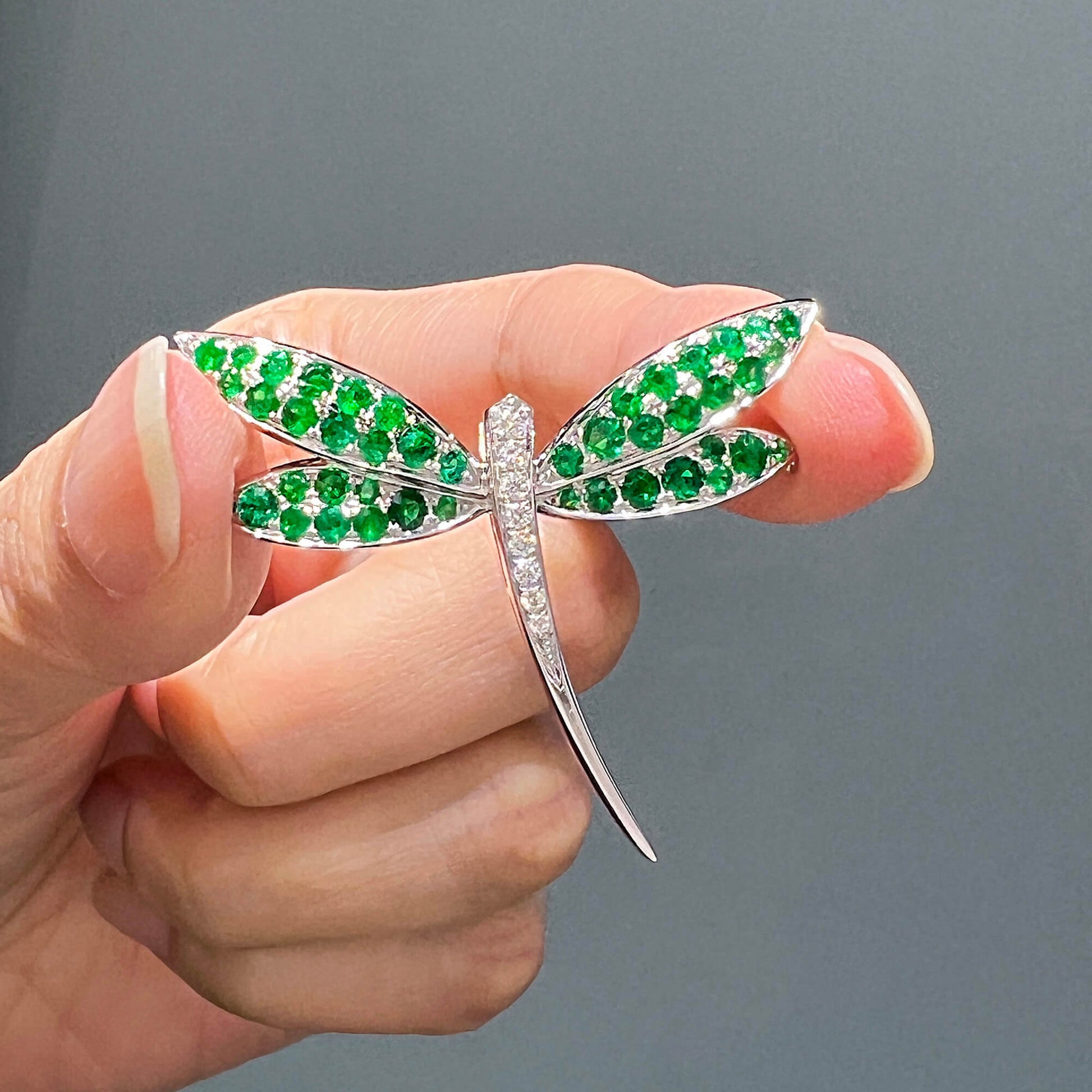 Natural Emerald & Diamond Dragonfly Brooch, 14K White Gold, 1.79 Ct. TW