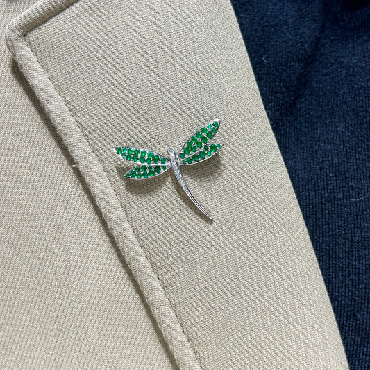 Natural Emerald & Diamond Dragonfly Brooch, 14K White Gold, 1.79 Ct. TW