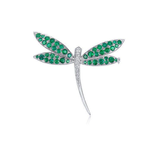 Natural Emerald & Diamond Dragonfly Brooch, 14K White Gold, 1.79 Ct. TW