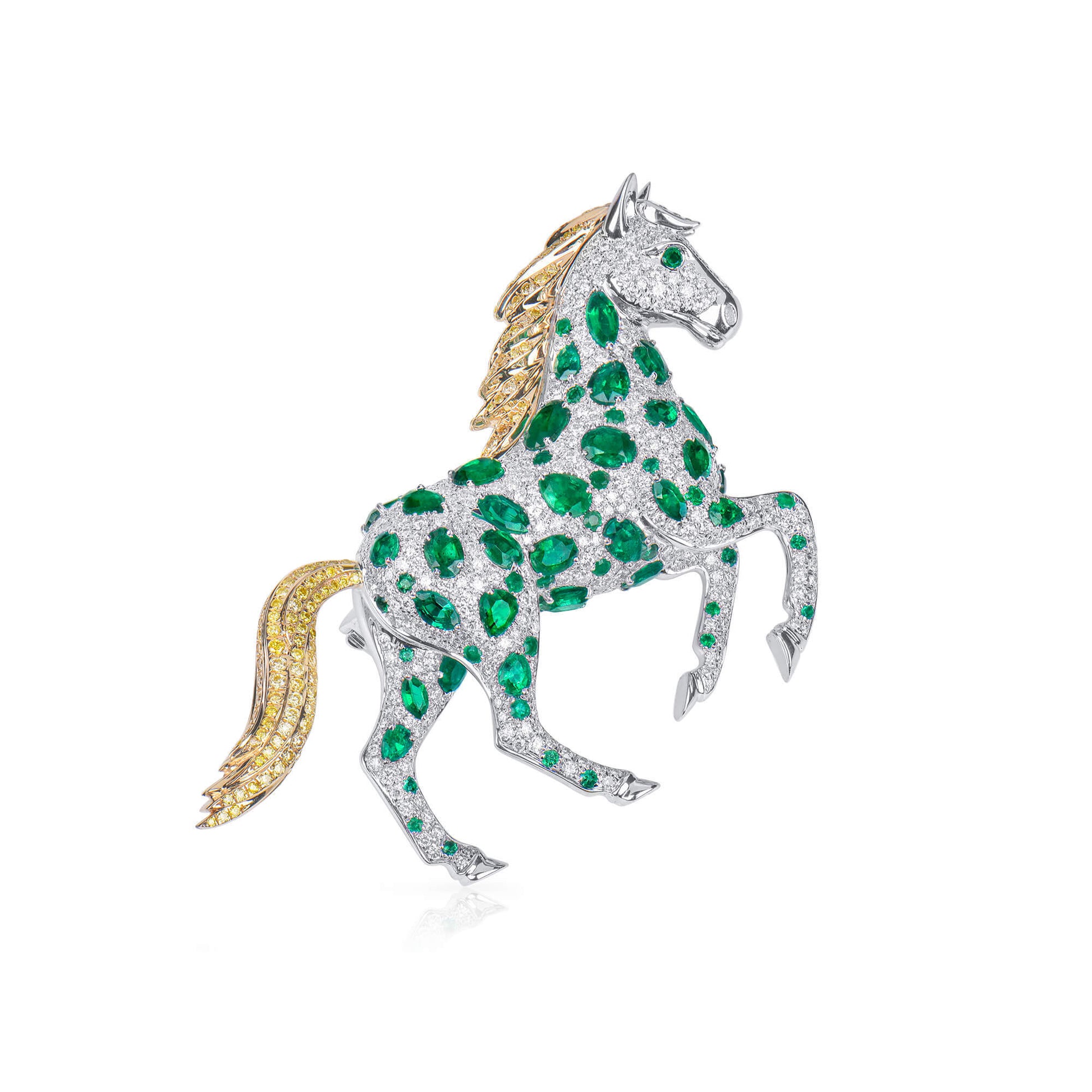 Natural Emerald And Diamond Horse Brooch, 14K White Gold, 5.30 Ct. TW