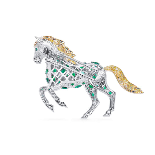 Natural Emerald And Diamond Horse Brooch, 14K White Gold, 5.30 Ct. TW