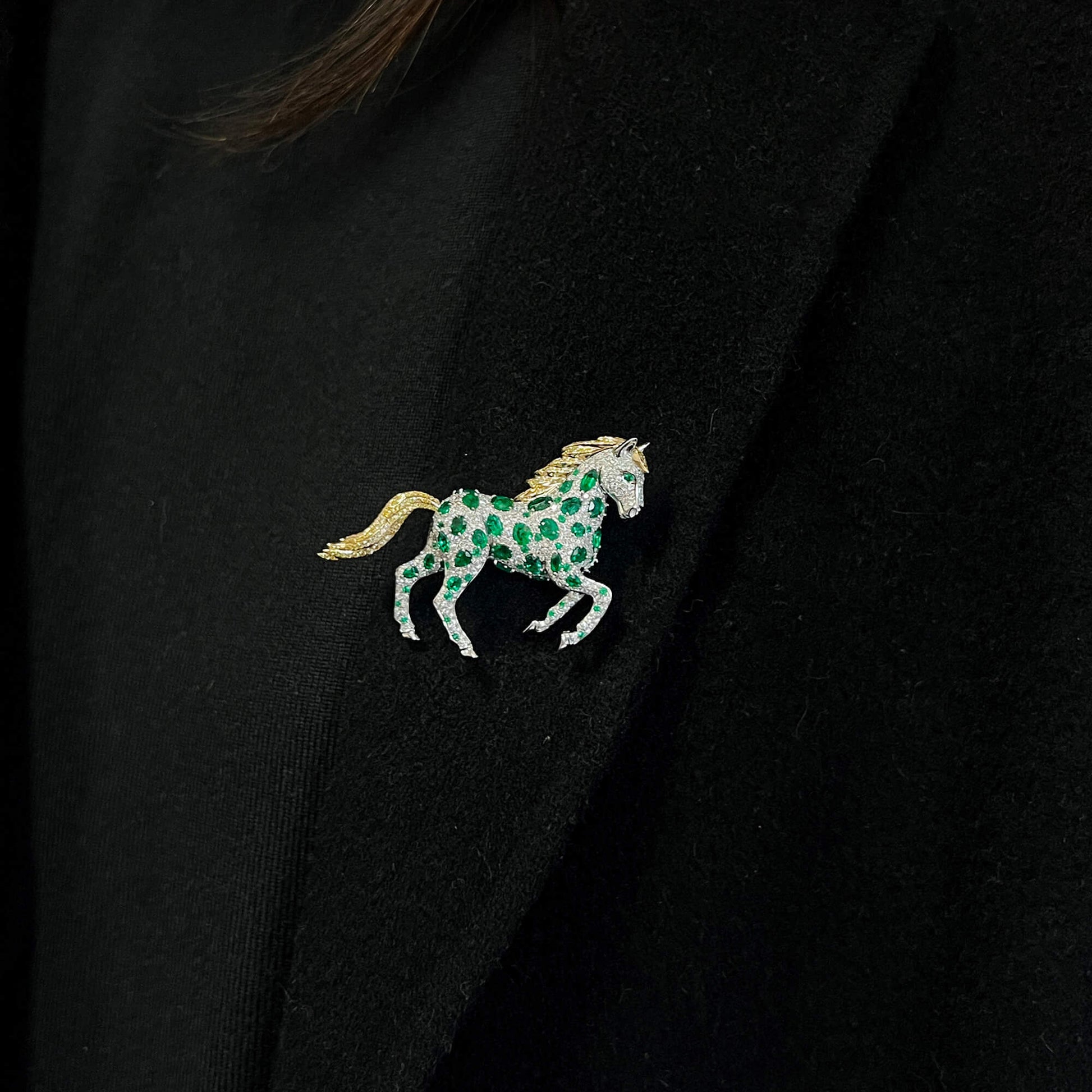 Natural Emerald And Diamond Horse Brooch, 14K White Gold, 5.30 Ct. TW