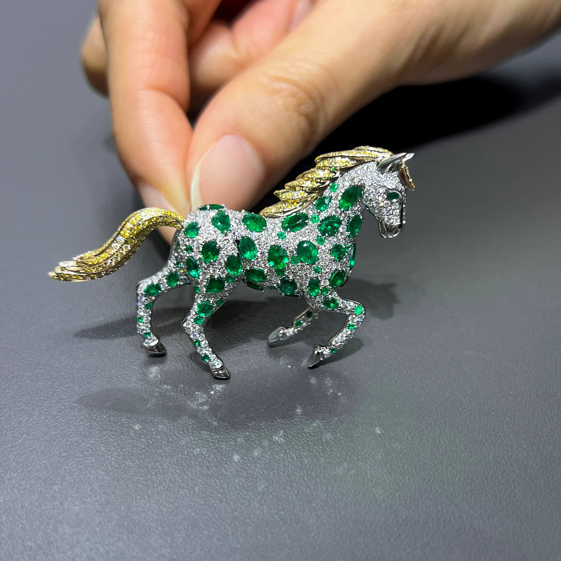 Natural Emerald & Diamond Horse Brooch, 14K White Gold, 5.30 Ct. TW