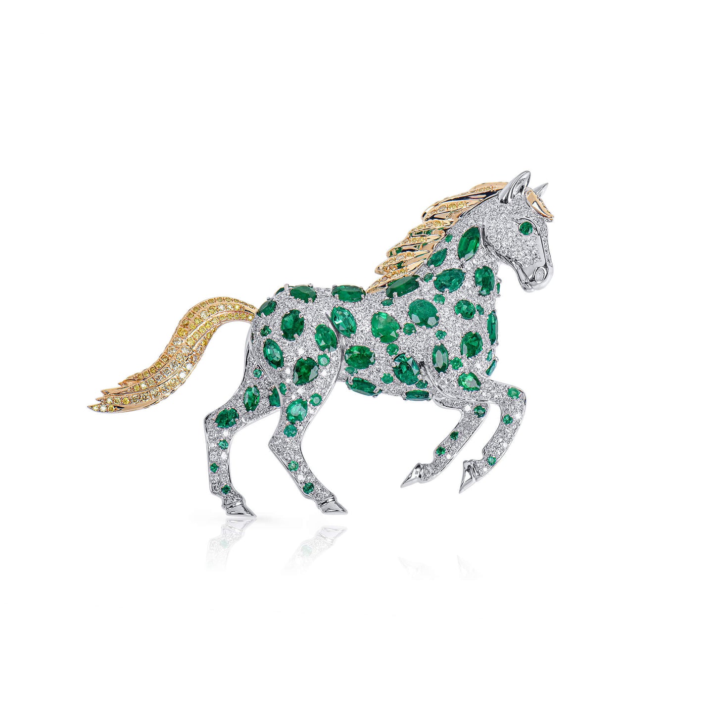 Natural Emerald And Diamond Horse Brooch, 14K White Gold, 5.30 Ct. TW