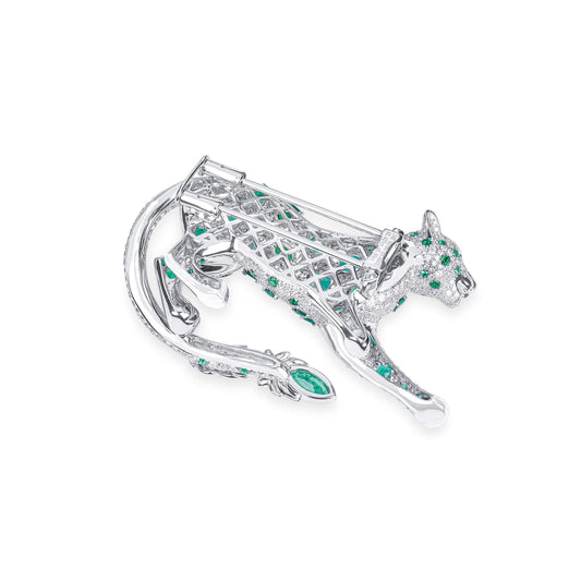 Natural Emerald & Diamond Tiger Brooch, 14K White Gold, 7.85 Ct. TW