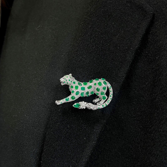 Natural Vivid Green Emerald And Diamond Brooch, 14K White Gold, 7.85 Ct. TW