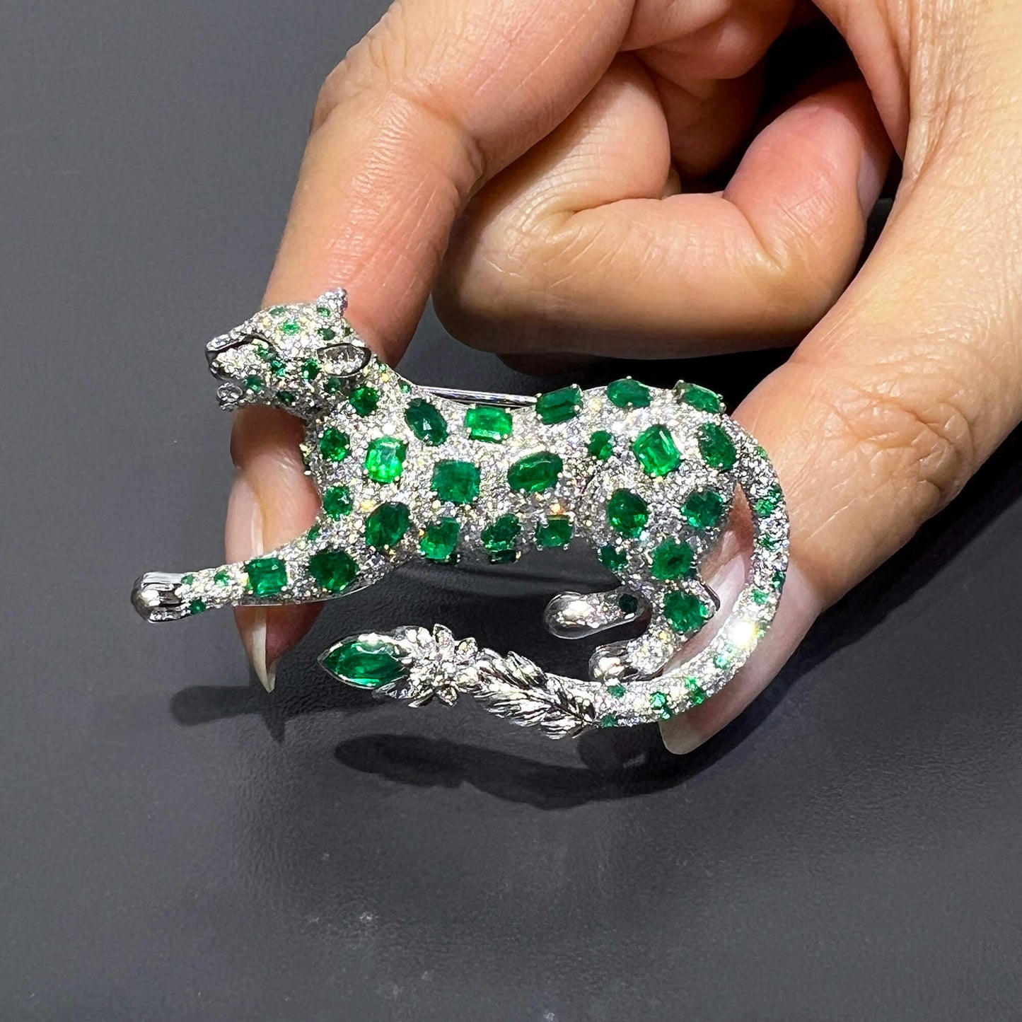 Natural Emerald & Diamond Tiger Brooch, 14K White Gold, 7.85 Ct. TW