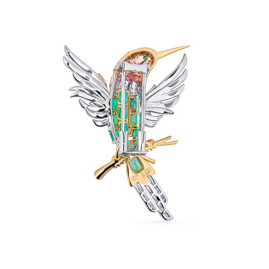 Natural Emerald Ruby & Diamond Bird Brooch, 18K Gold, 4.72 Ct. TW