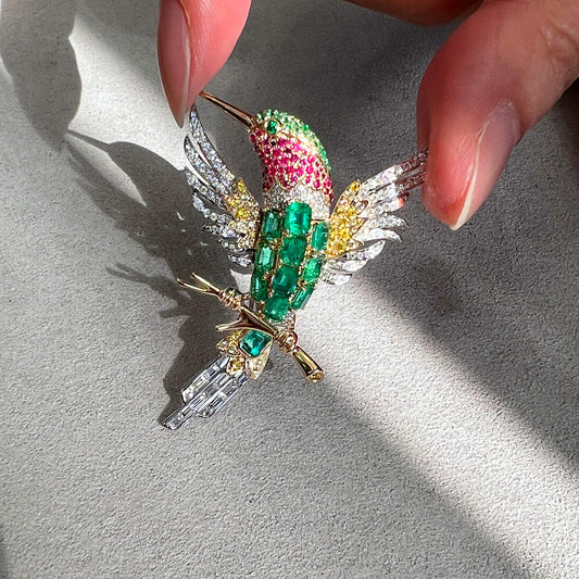 Natural Emerald Ruby & Diamond Bird Brooch, 18K Gold, 4.72 Ct. TW