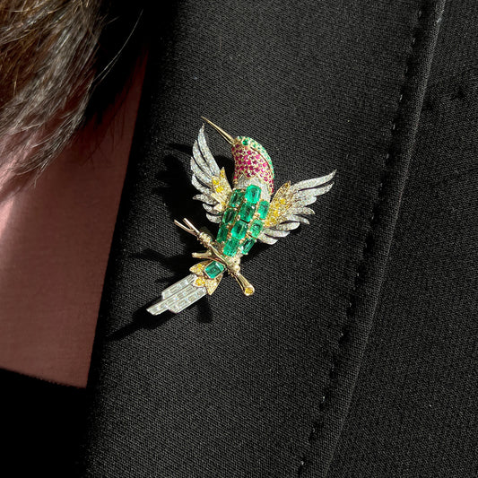 Natural Emerald Ruby & Diamond Bird Brooch, 18K Gold, 4.72 Ct. TW