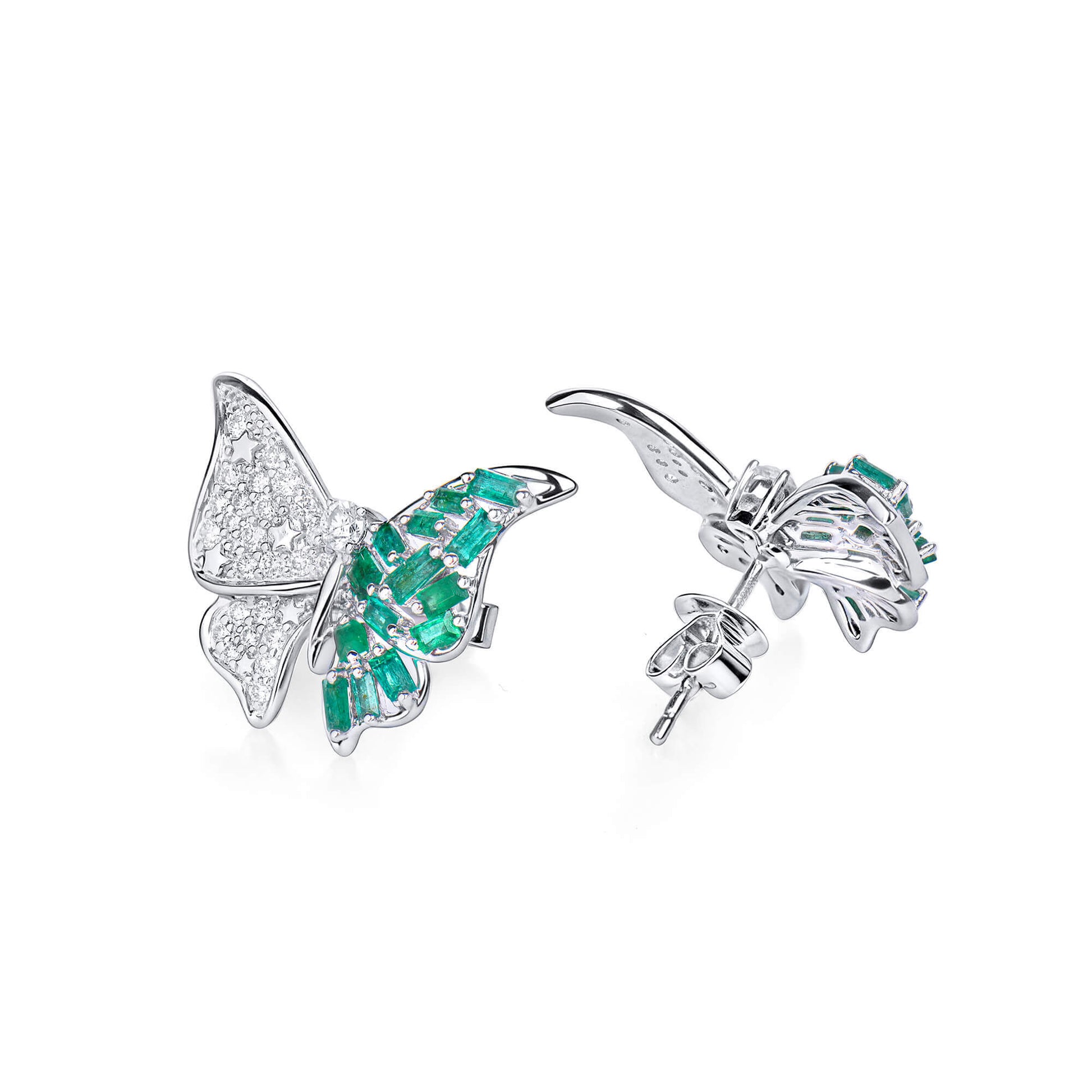 Natural Emerald And Diamond Butterfly Earrings, 14K White Gold, 1.21 Ct. TW