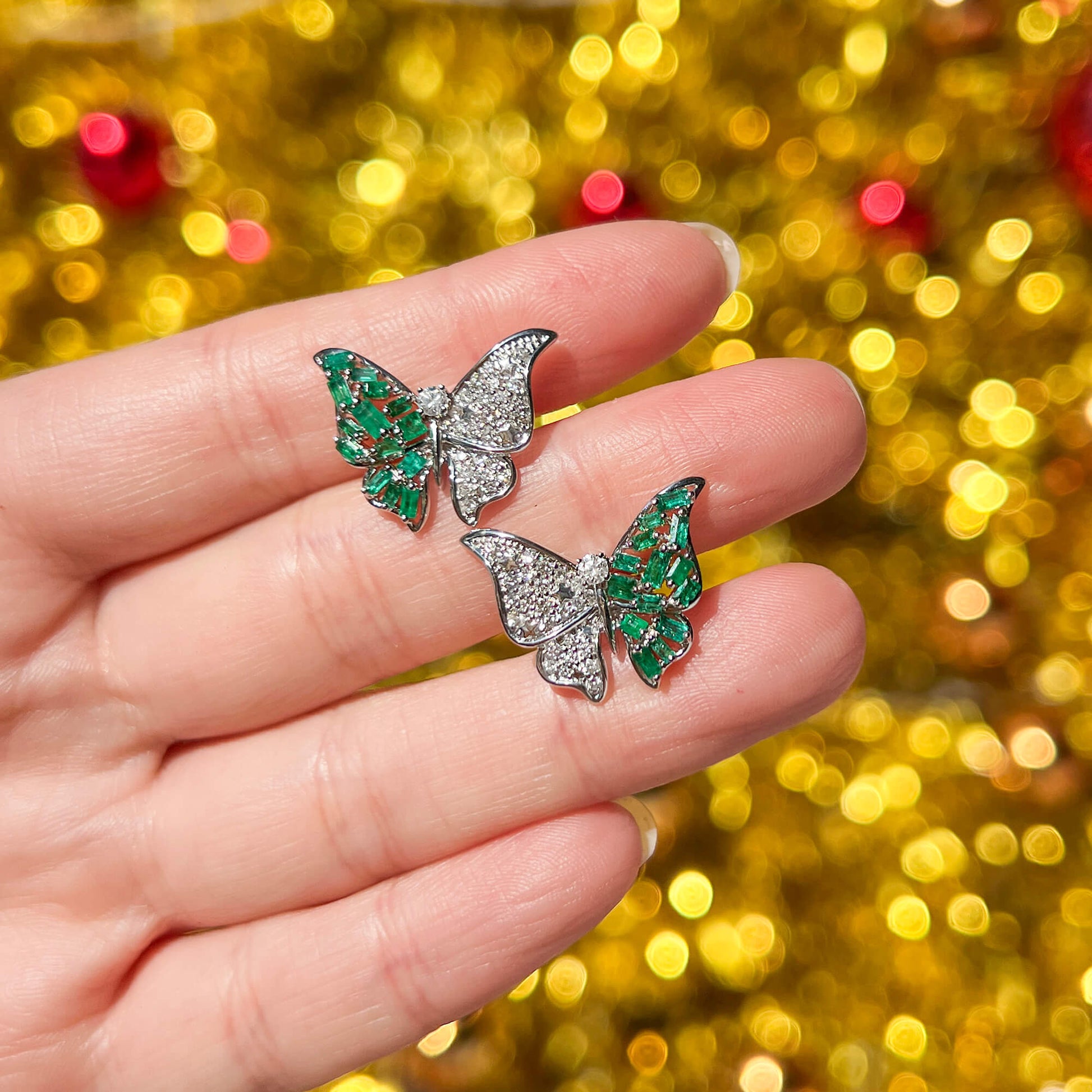 Natural Emerald And Diamond Butterfly Earrings, 14K White Gold, 1.21 Ct. TW