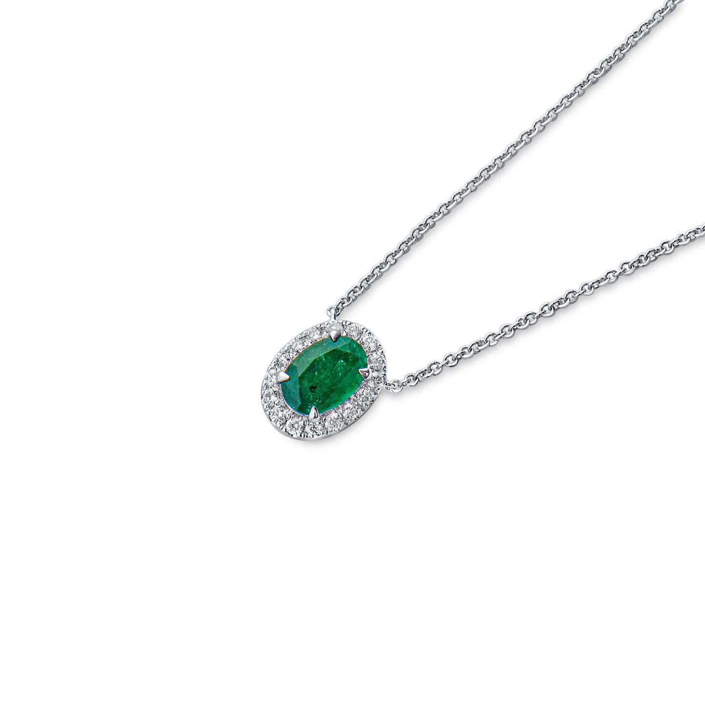 Natural Green Colombian Emerald Necklace, 18K White Gold, Oval Shape, 0.72 Ct. TW