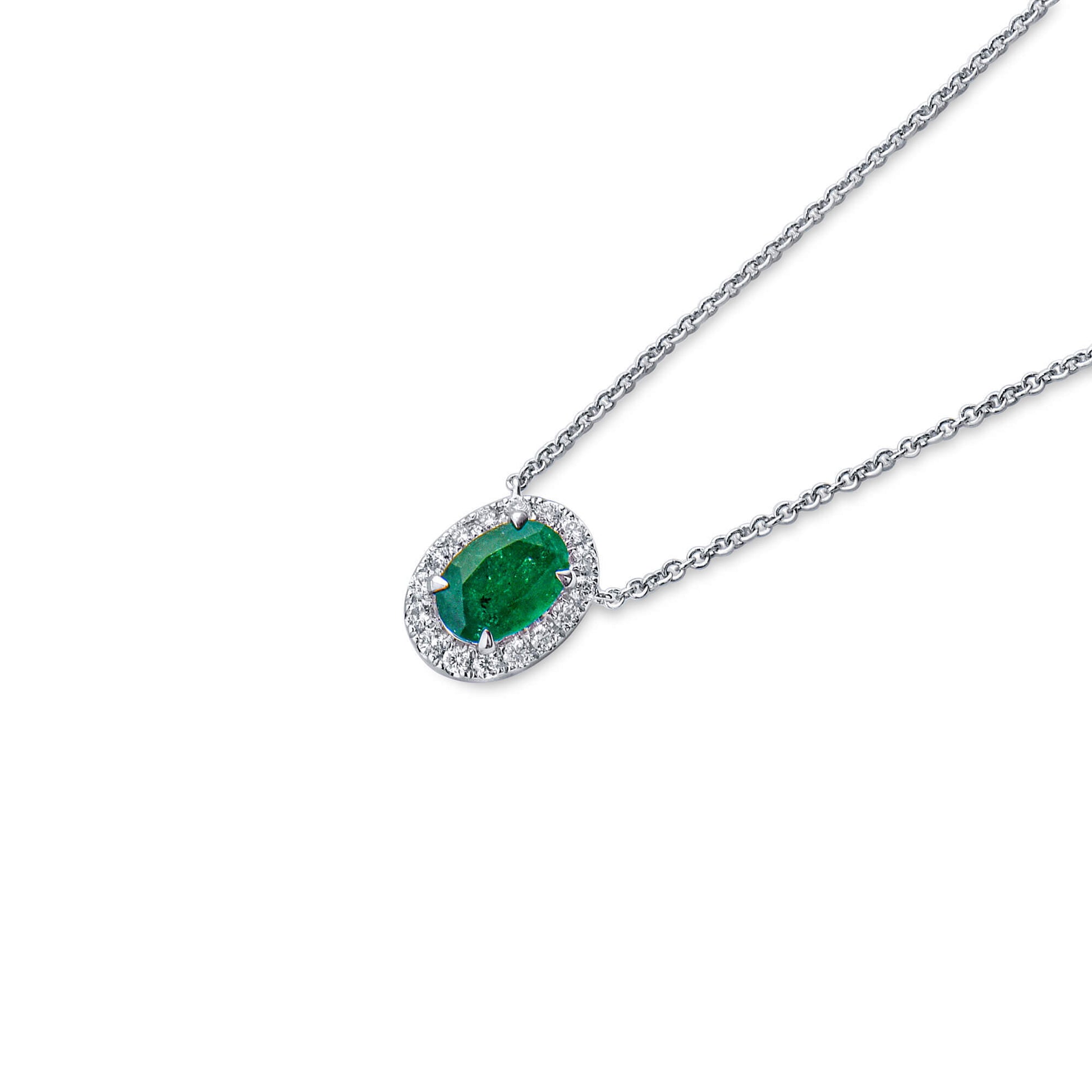 Natural Green Colombian Emerald Necklace, 18K White Gold, Oval Shape, 0.72 Ct. TW