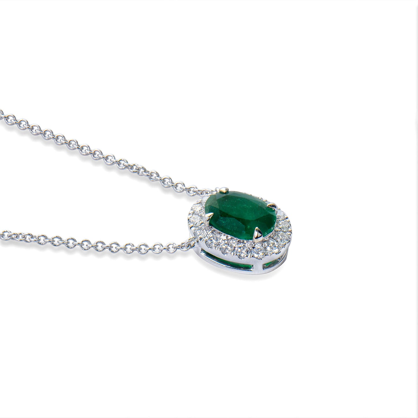 Natural Green Colombian Emerald Necklace, 18K White Gold, Oval Shape, 0.72 Ct. TW