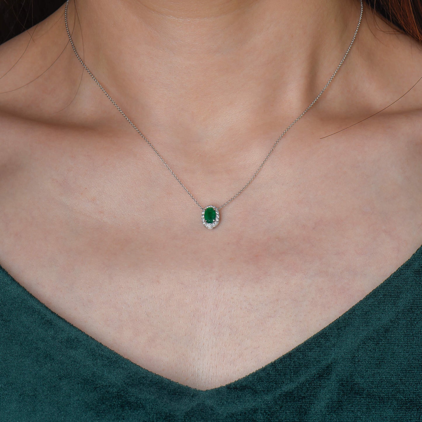 Natural Green Colombian Emerald Necklace, 18K White Gold, Oval Shape, 0.72 Ct. TW