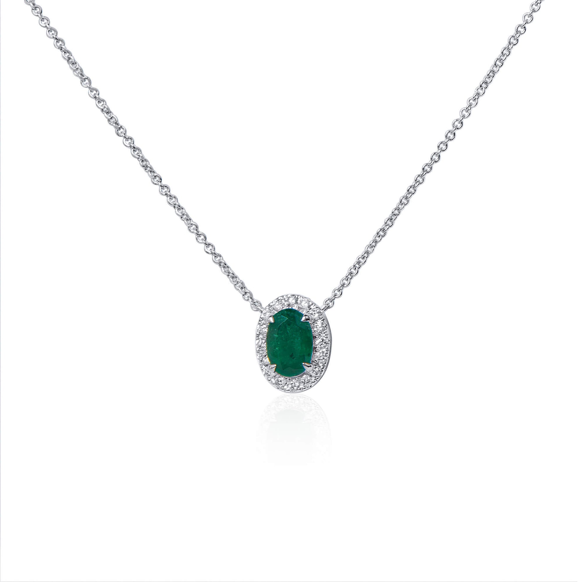 Natural Green Colombian Emerald Necklace, 18K White Gold, Oval Shape, 0.72 Ct. TW