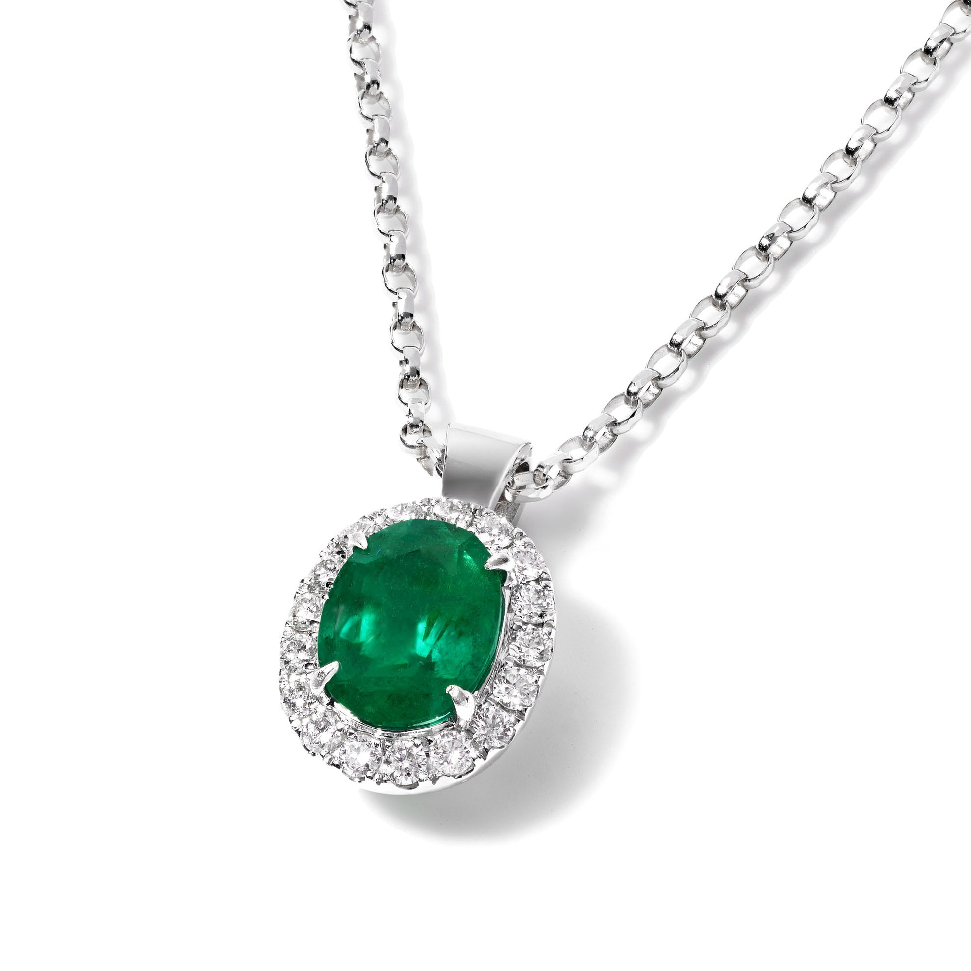 Natural Vivid Green Colombian Emerald Necklace, 18K White Gold, Oval Shape, 0.80 Ct. TW