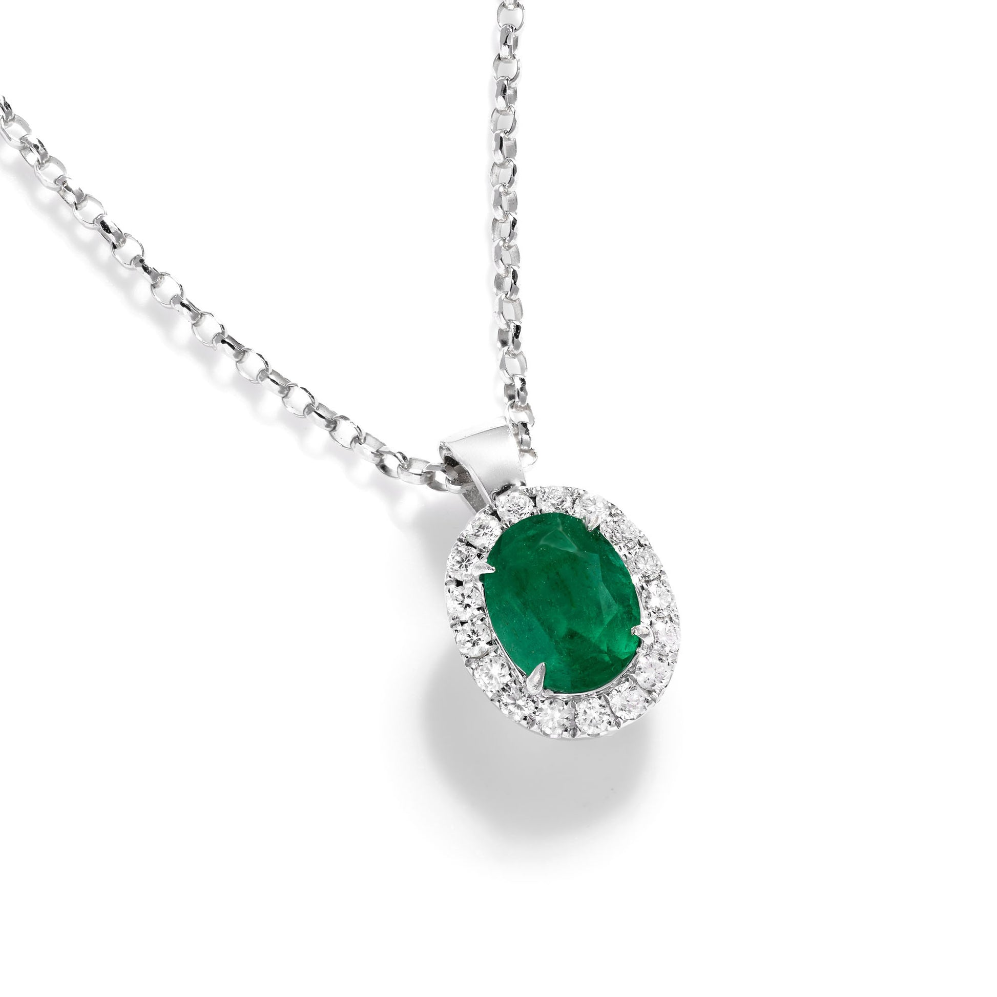 Natural Vivid Green Colombian Emerald Necklace, 18K White Gold, Oval Shape, 0.80 Ct. TW