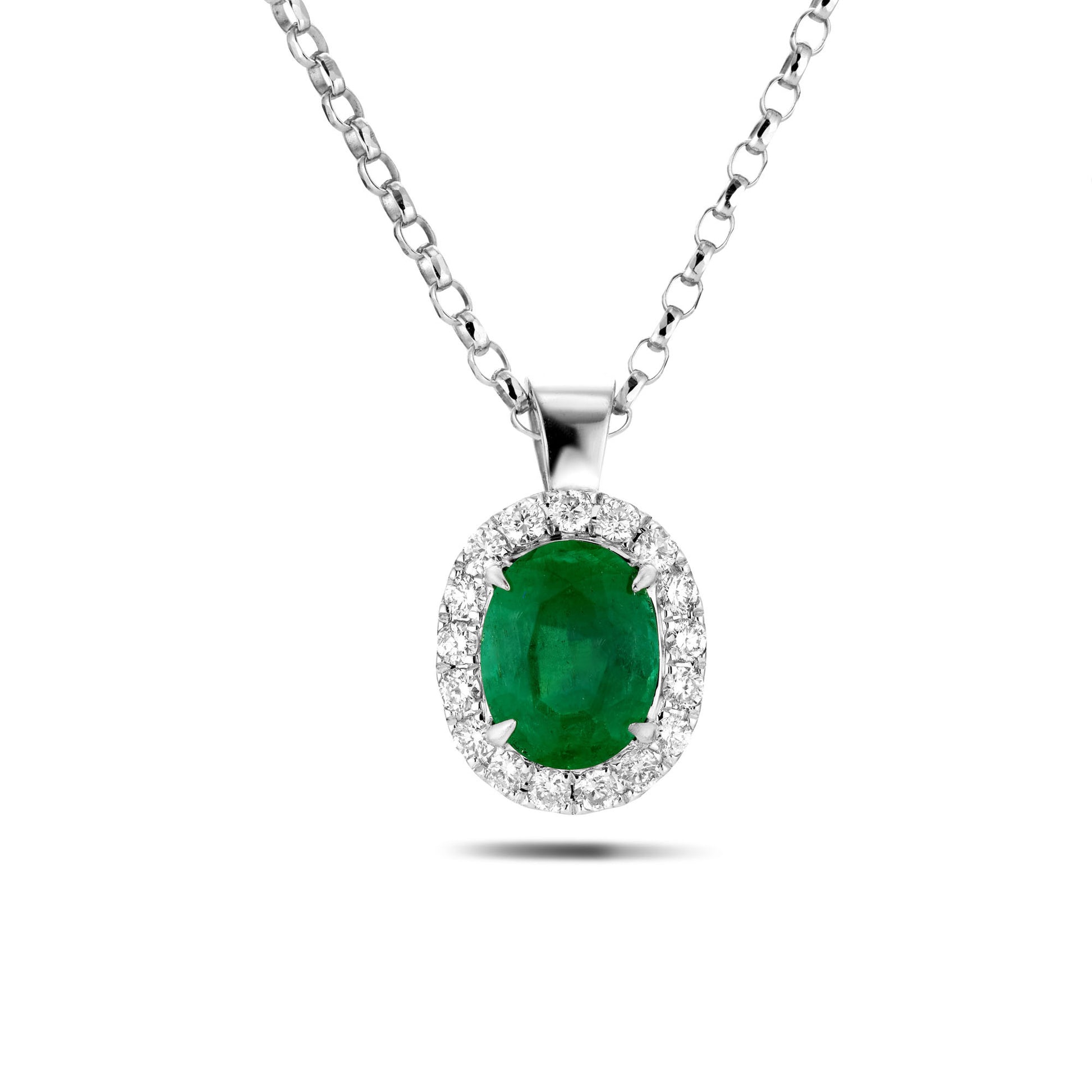 Natural Vivid Green Colombian Emerald Necklace, 18K White Gold, Oval Shape, 0.80 Ct. TW