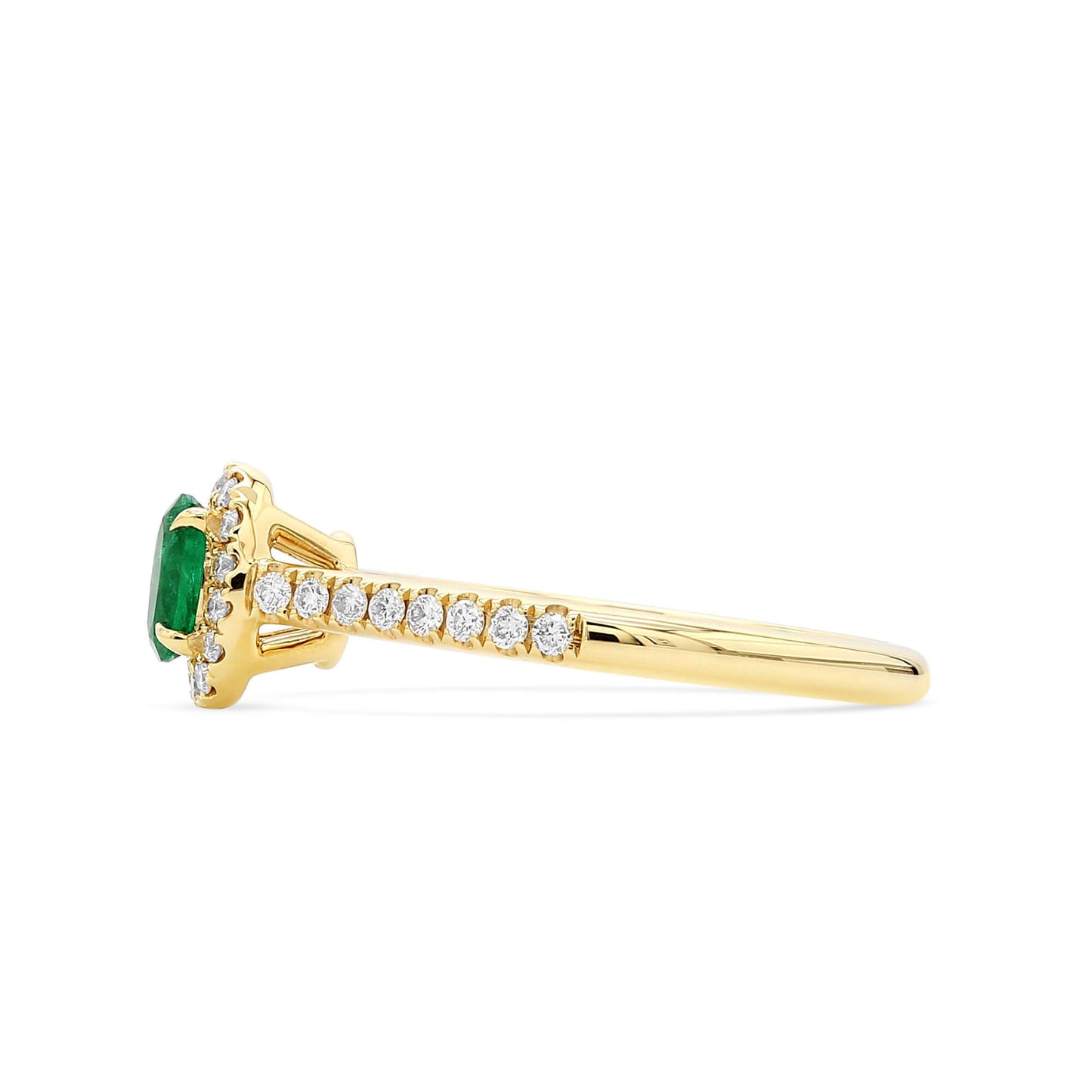 Natural Vivid Green Emerald Halo Ring, 18K Yellow Gold, Oval Shape, 0.52 Ct. TW
