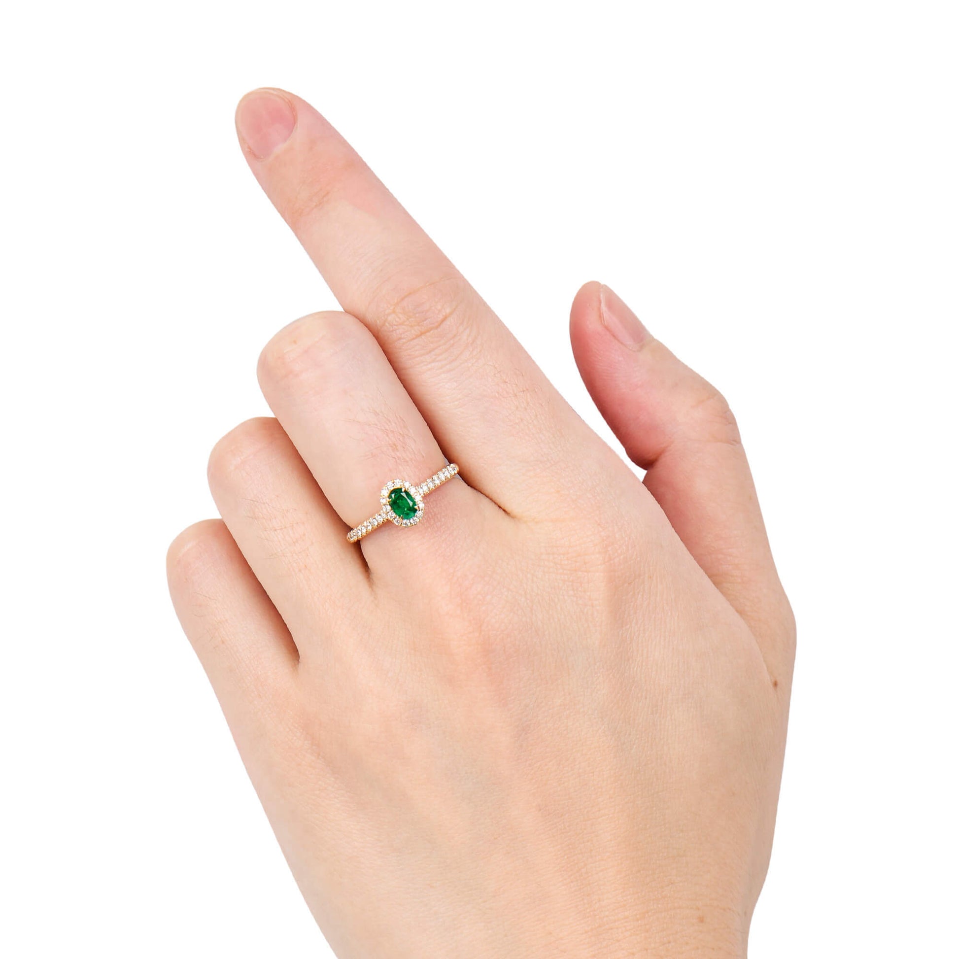 Natural Vivid Green Emerald Halo Ring, 18K Yellow Gold, Oval Shape, 0.52 Ct. TW