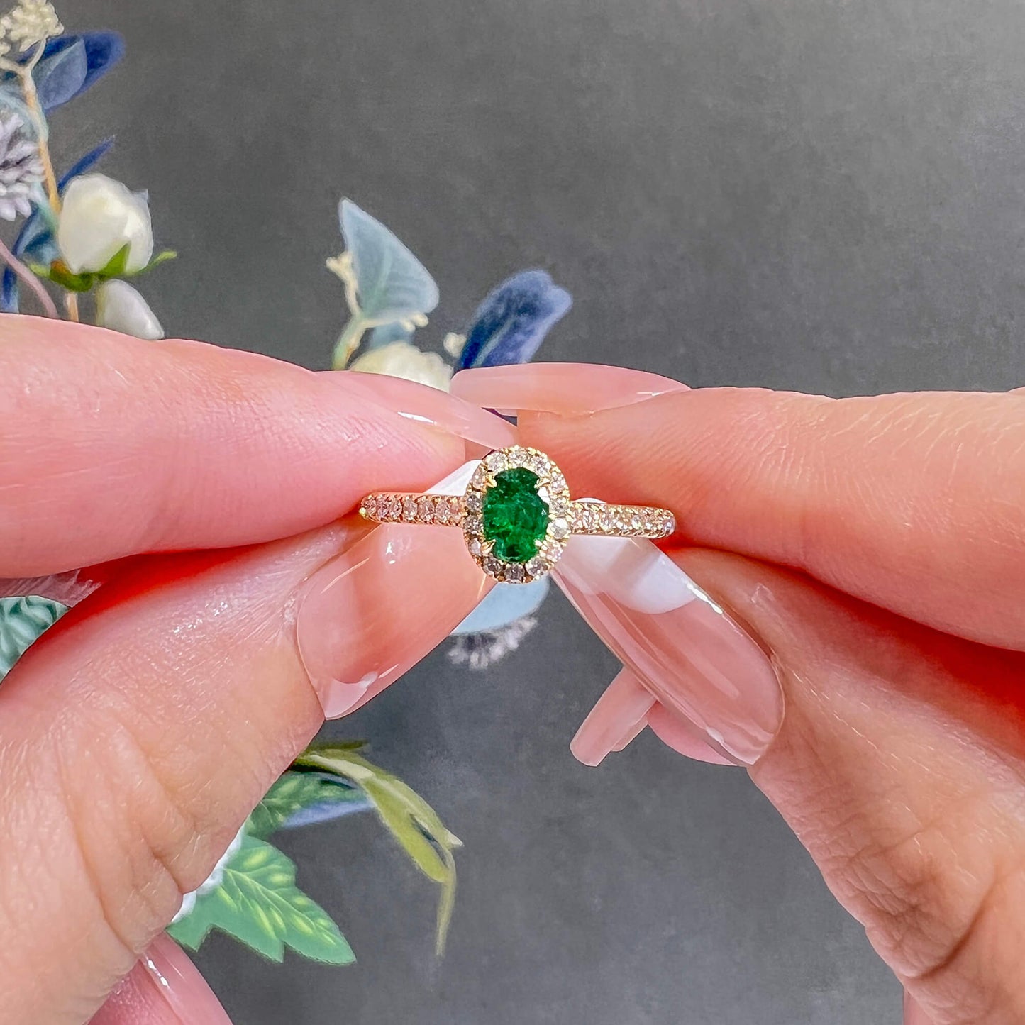 Natural Vivid Green Emerald Halo Ring, 18K Yellow Gold, Oval Shape, 0.52 Ct. TW