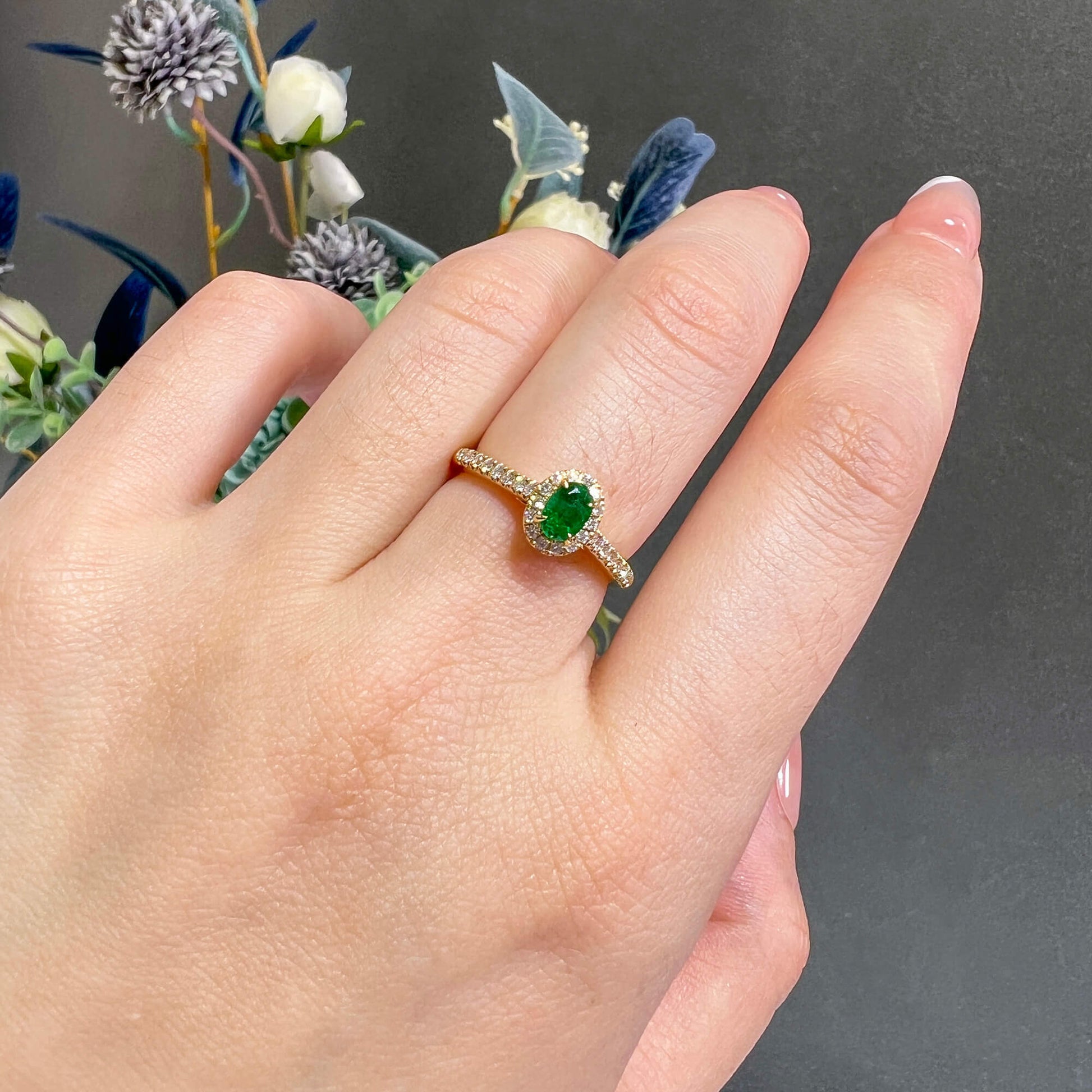 Natural Vivid Green Emerald Halo Ring, 18K Yellow Gold, Oval Shape, 0.52 Ct. TW