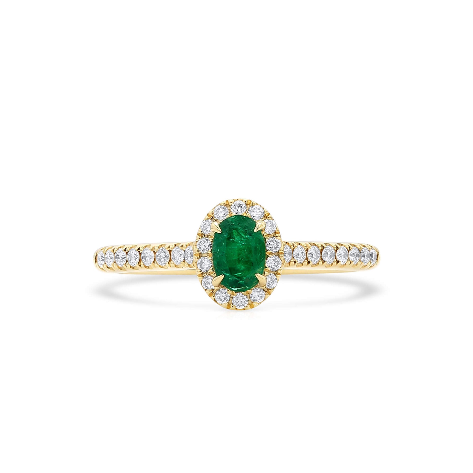 Natural Vivid Green Emerald Halo Ring, 18K Yellow Gold, Oval Shape, 0.52 Ct. TW