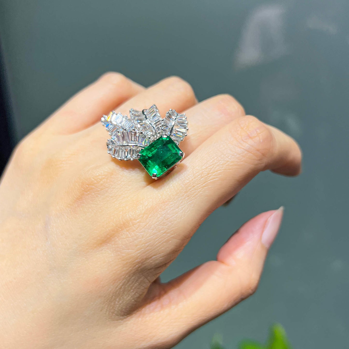 Natural Vivid Green Colombian Emerald Halo Ring, 18K White Gold, Radiant Shape, 10.30 Ct. TW