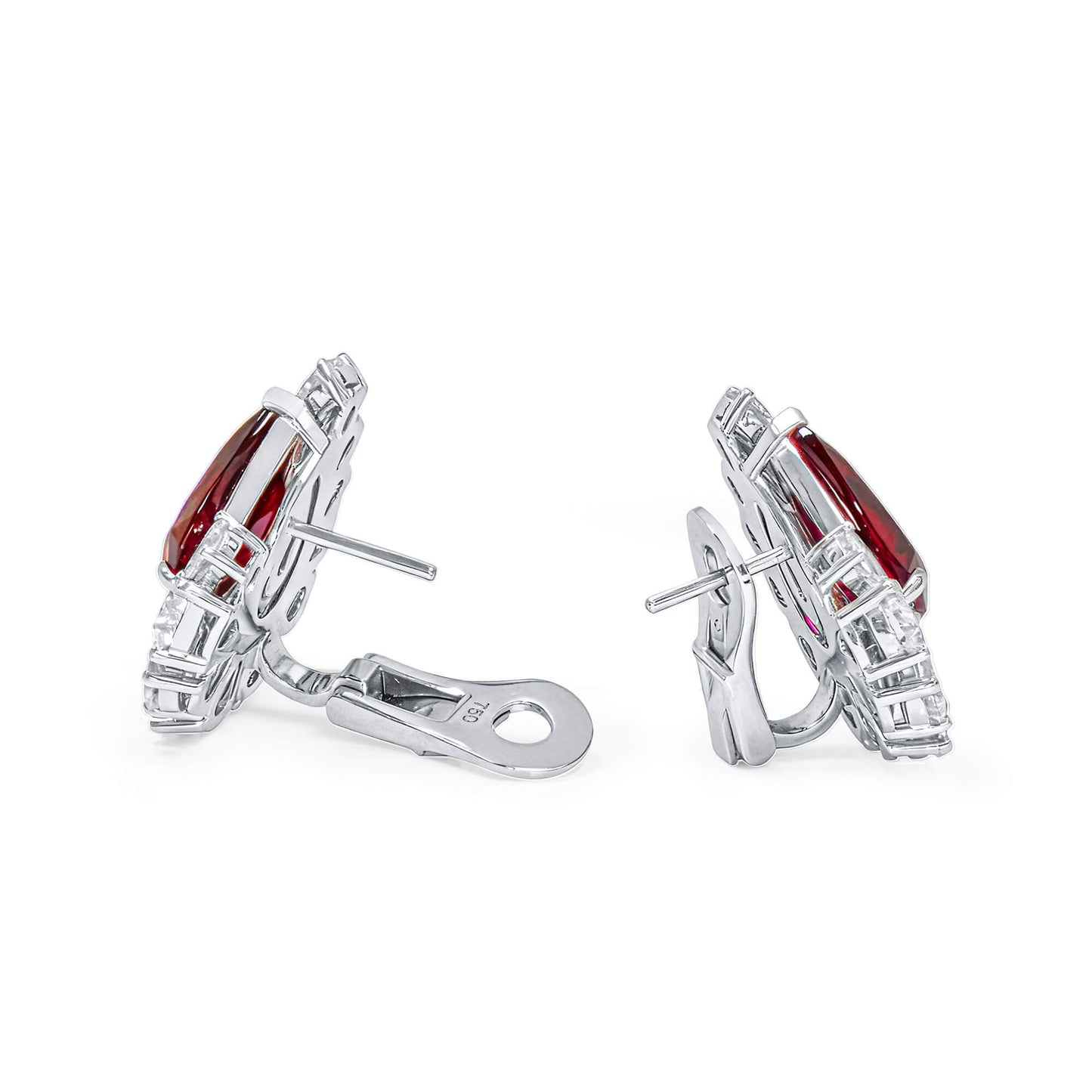 Natural Vivid Red Ruby & Diamond Stud Earrings, 18K White Gold, Pear Shape, 13.13 Ct. TW, unheated
