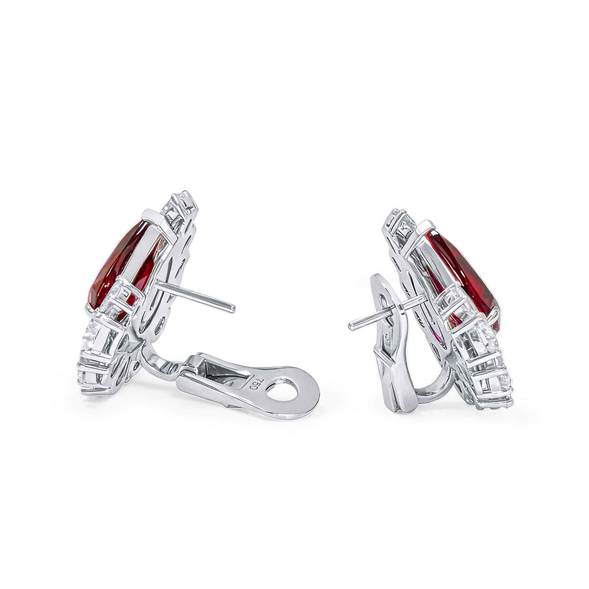 Natural Vivid Red Ruby & Diamond Stud Earrings, 18K White Gold, Pear Shape, 13.13 Ct. TW, unheated