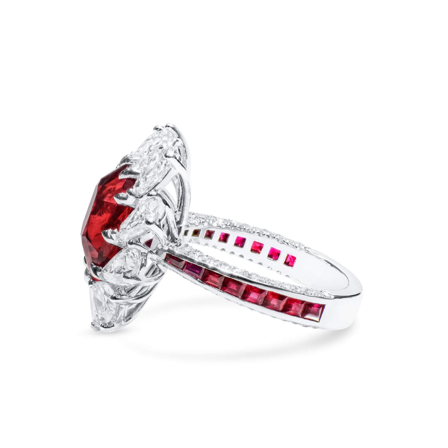 Natural Vivid Red Ruby Halo Ring, 18K White Gold, Oval Shape, 12.84 Ct. TW