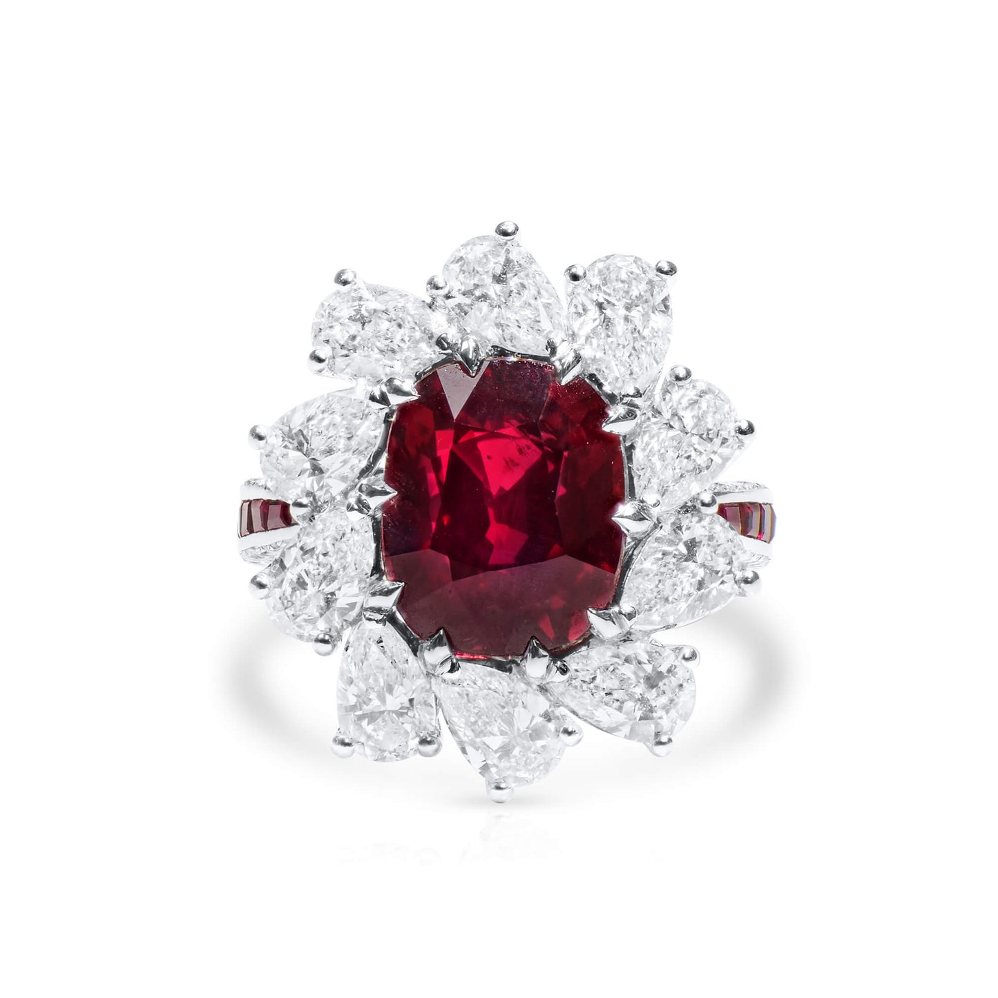 Natural Vivid Red Ruby Halo Ring, 18K White Gold, Oval Shape, 12.84 Ct. TW