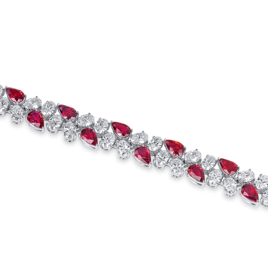Natural Vivid Red Burmese Ruby and White Diamond Bracelet, 18K White Gold, Pear Shape, 19.57 Ct. TW, unheated