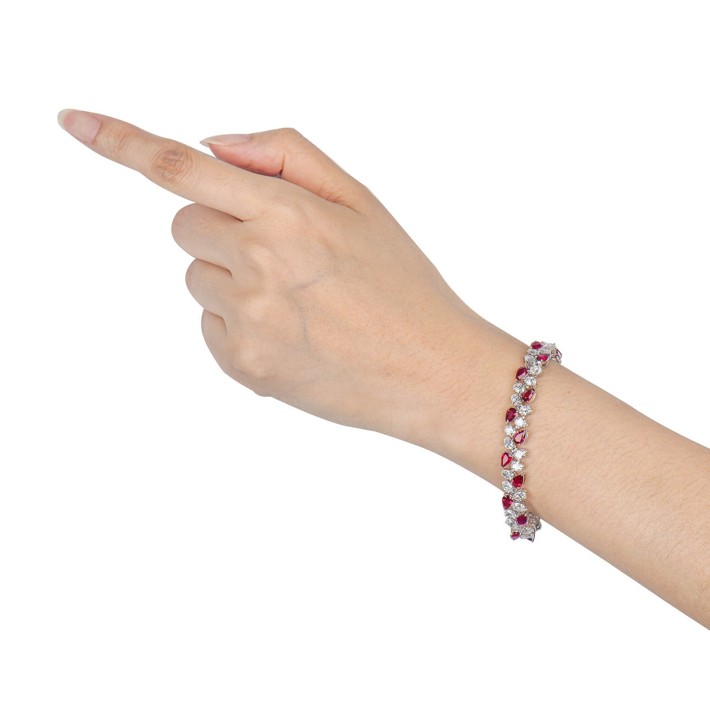 Natural Vivid Red Burmese Ruby and White Diamond Bracelet, 18K White Gold, Pear Shape, 19.57 Ct. TW, unheated