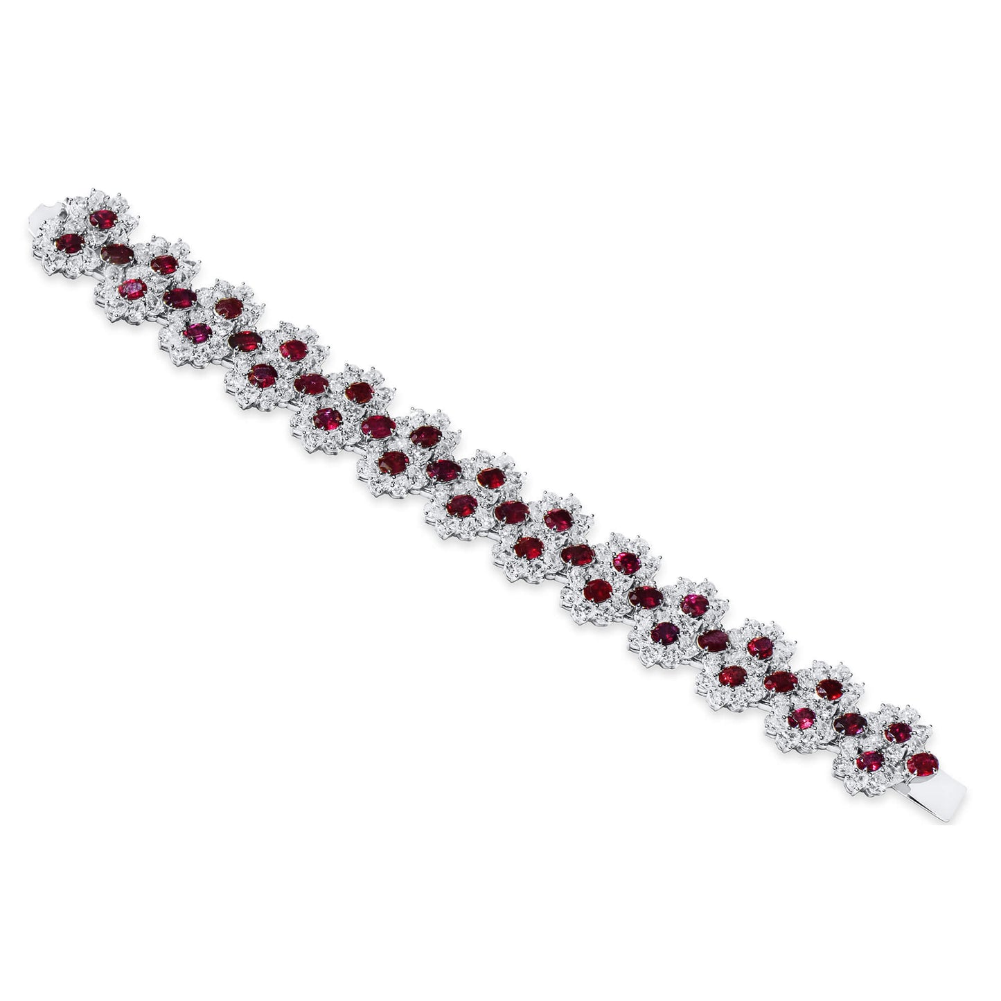 Natural Vivid Red Ruby Bracelet, 18K White Gold, Oval Shape, 39.74 Ct. TW, unheated