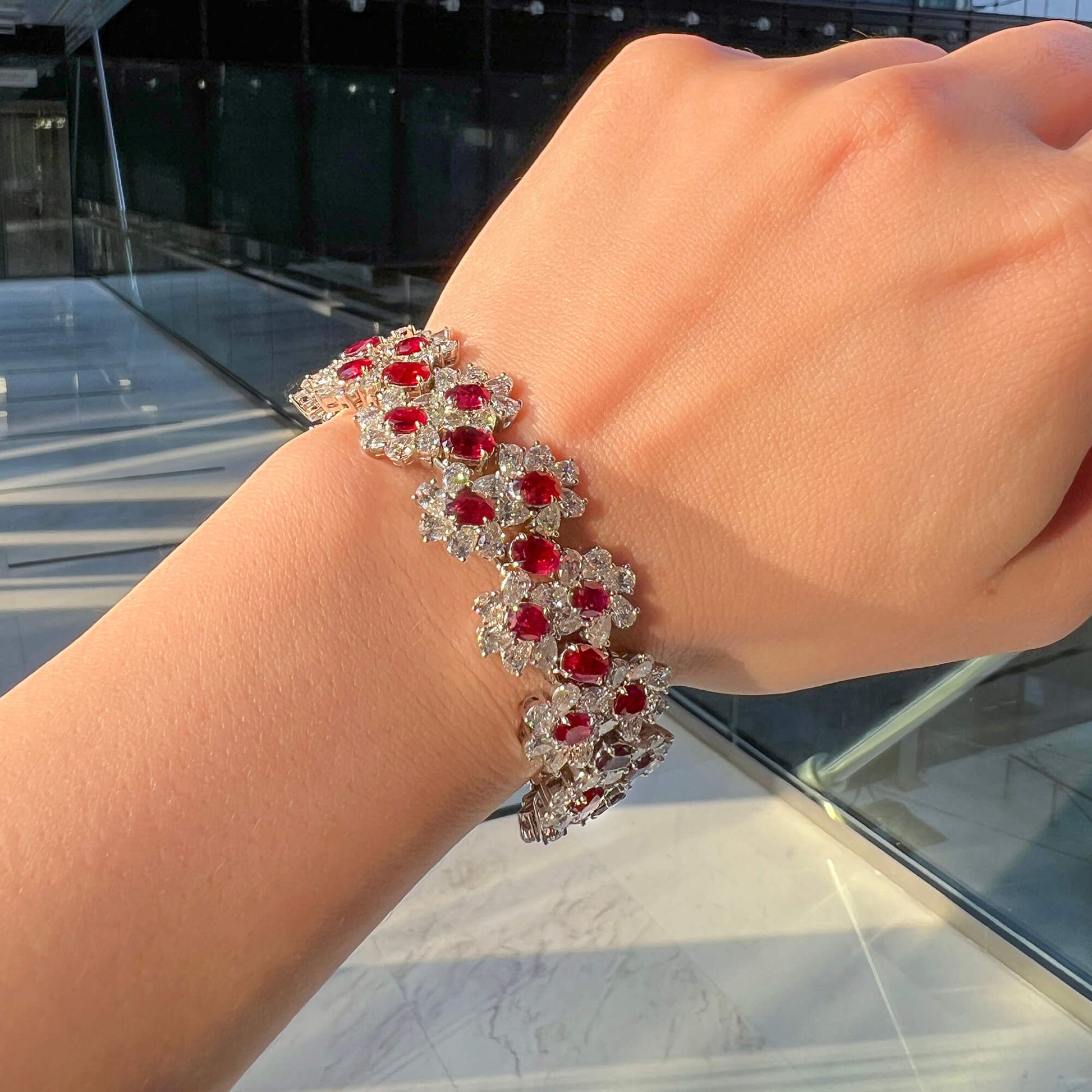 Natural Vivid Red Ruby Bracelet, 18K White Gold, Oval Shape, 39.74 Ct. TW, unheated