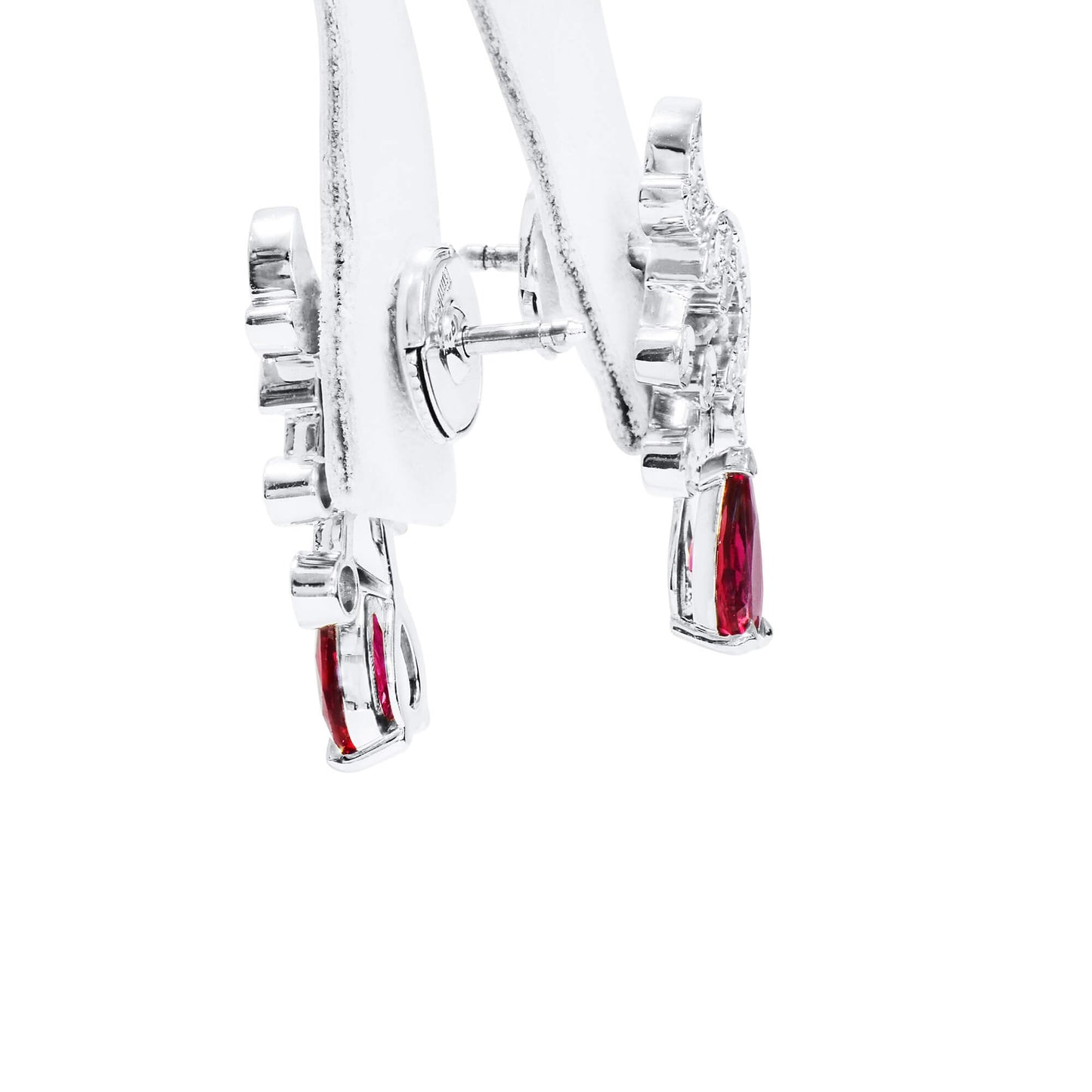 Natural Vivid Red Ruby Drop Earrings with Diamonds, 18K White Gold, Pear Shape, 1.84 Ct. TW, unheated