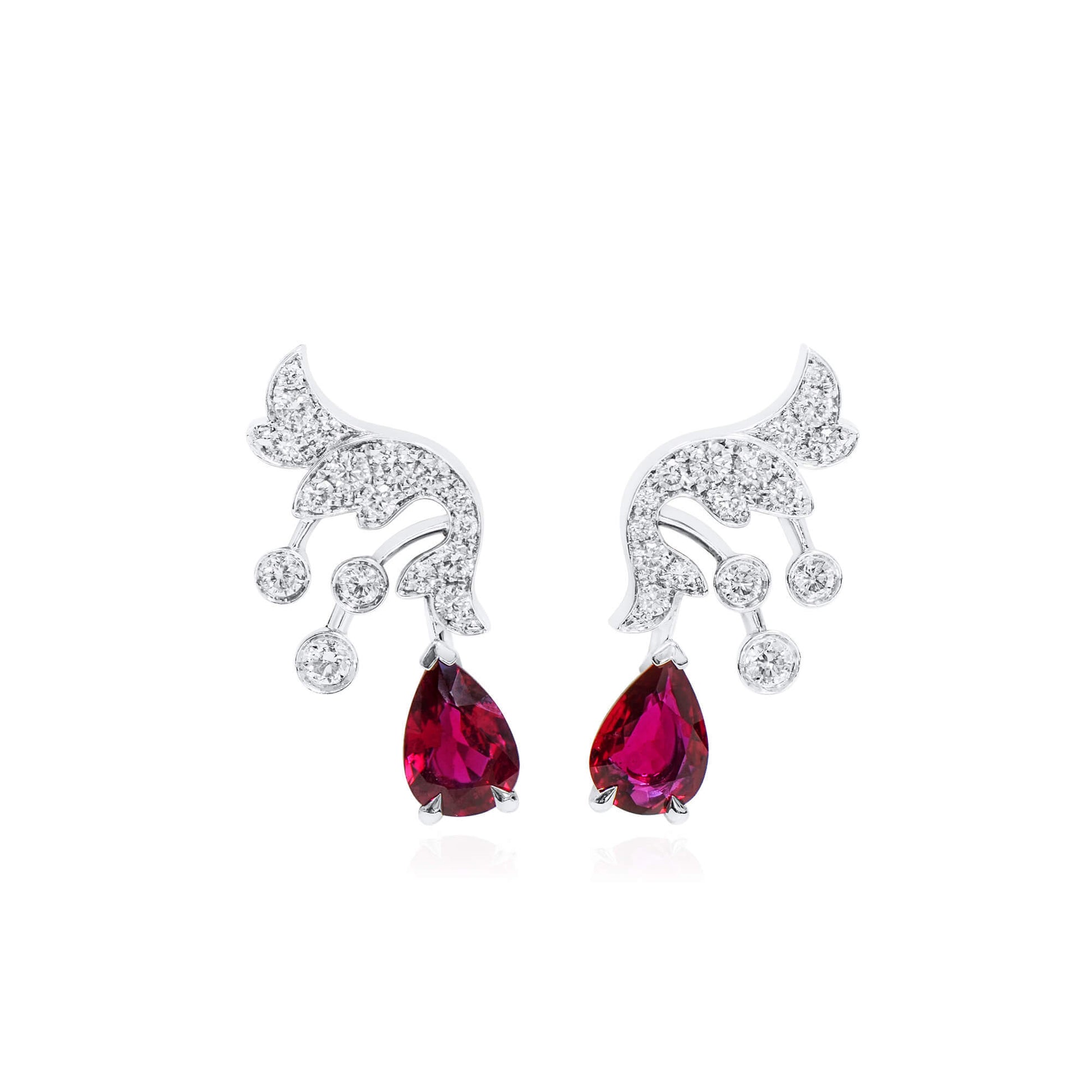 Natural Vivid Red Ruby Drop Earrings with Diamonds, 18K White Gold, Pear Shape, 1.84 Ct. TW, unheated