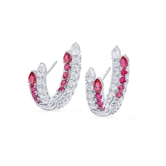 Natural Ruby And Diamond Earrings, 18K White Gold, 6.57 Ct. TW