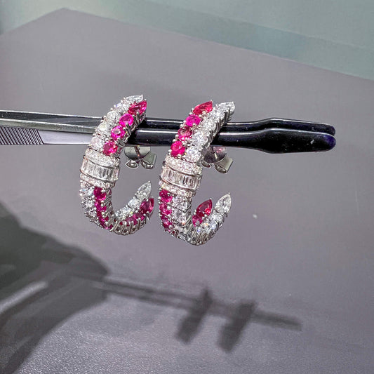 Natural Ruby And Diamond Earrings, 18K White Gold, 6.57 Ct. TW