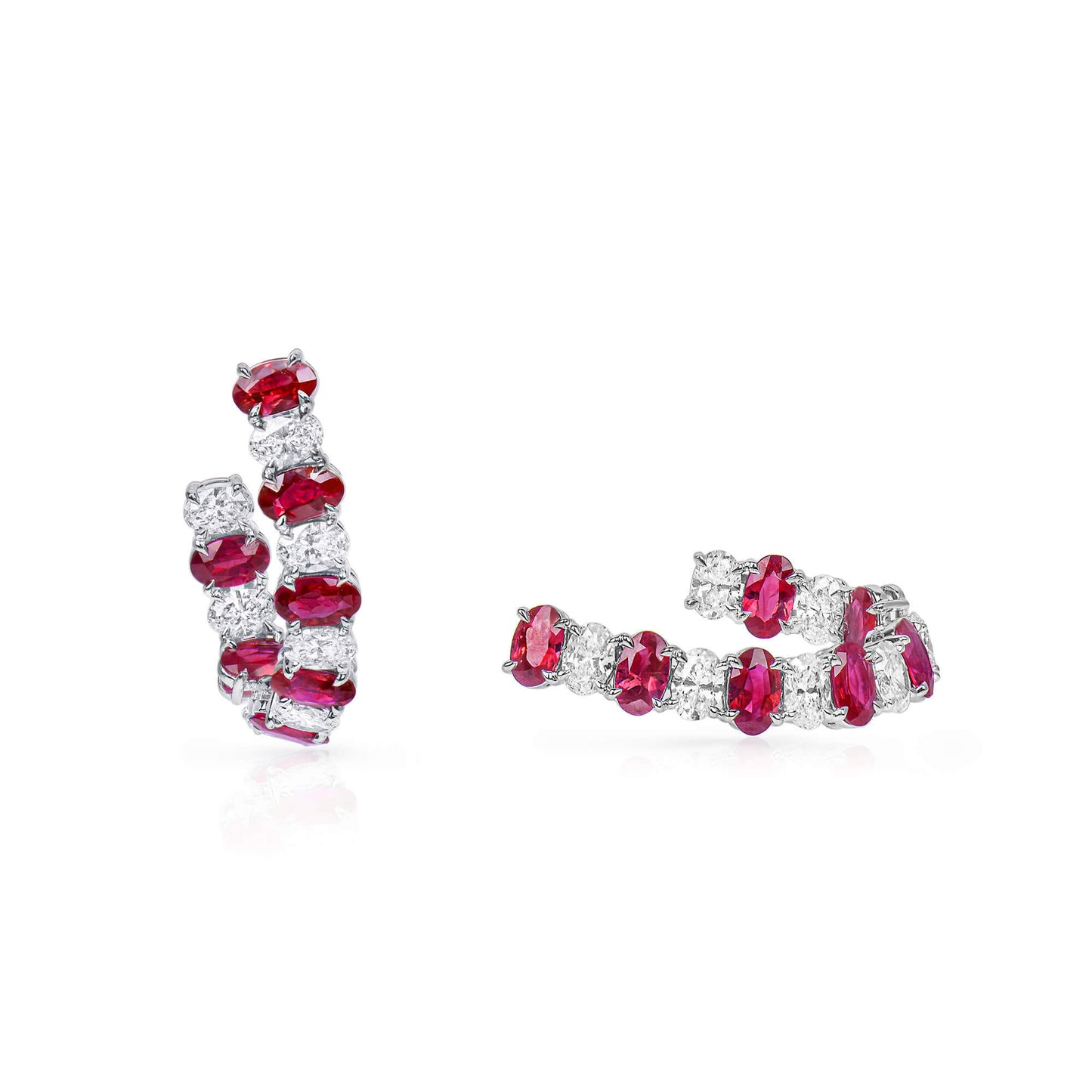 Natural Diamond and Vivid Red Burmese Ruby Hoop Earrings, 18K White Gold, Oval Shape, 5.01 Ct. TW