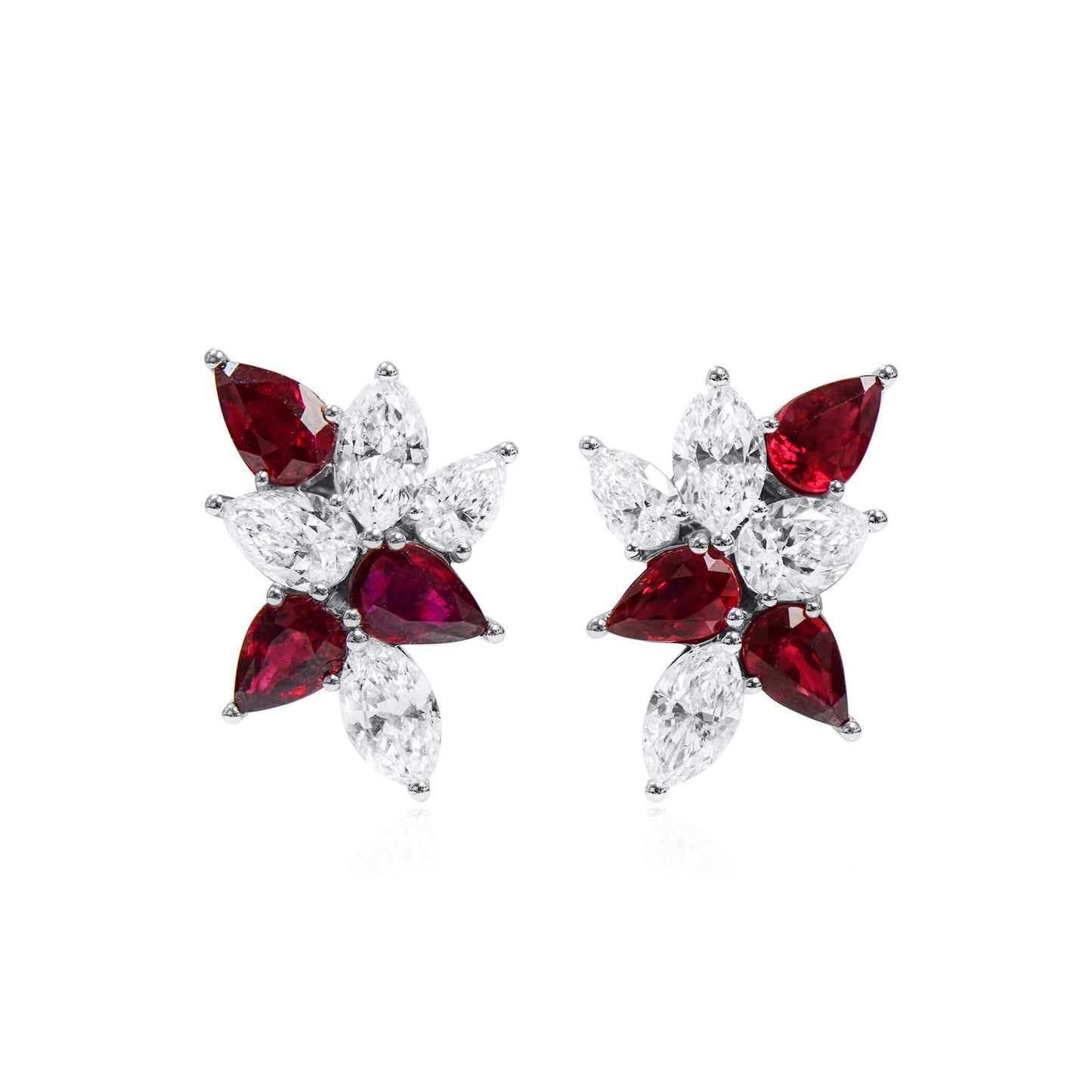 Natural Diamond & Vivid Red Ruby Stud Earrings, 18K White Gold, Pear Shape, 5.80 Ct. TW, unheated