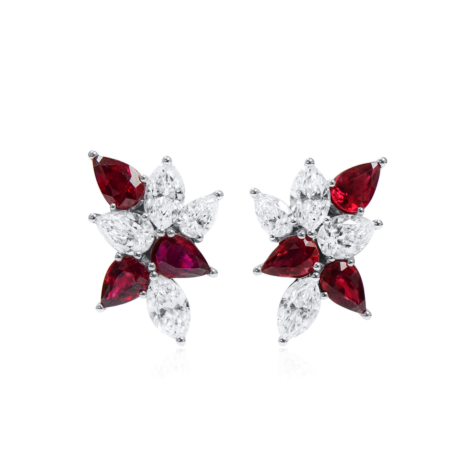 Natural Diamond & Vivid Red Ruby Stud Earrings, 18K White Gold, Pear Shape, 5.80 Ct. TW, unheated